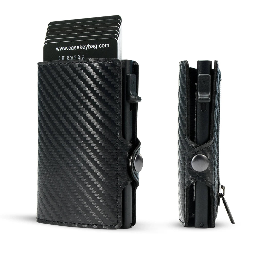 Front and side profile views of the CaseKey stealth black smart cardholder with monochromatic black stitching and a dark anodized metal chassis