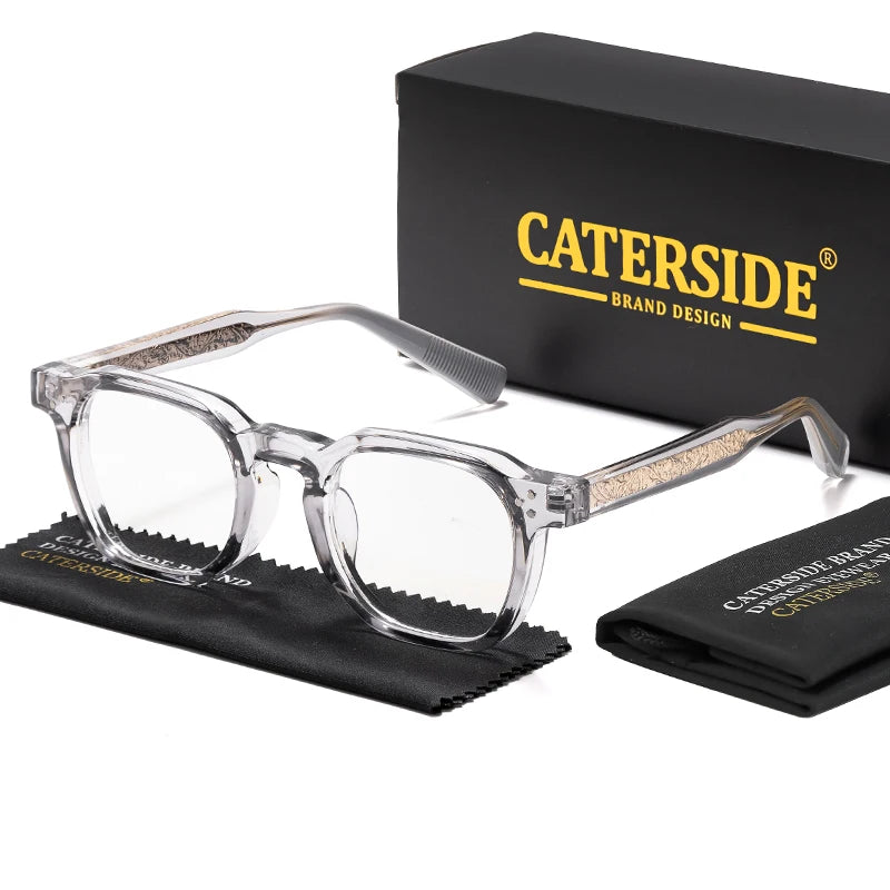 Clear transparent Caterside glasses presented with the official branded black presentation box and microfiber cloth.