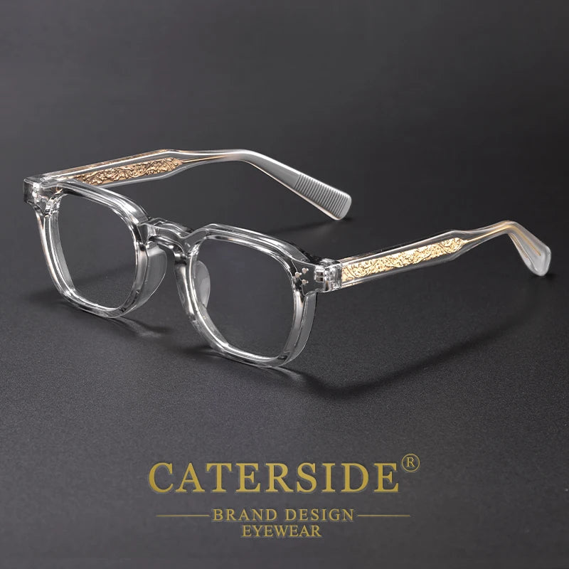Smokey grey translucent Caterside eyeglass frames on a minimalist dark background.