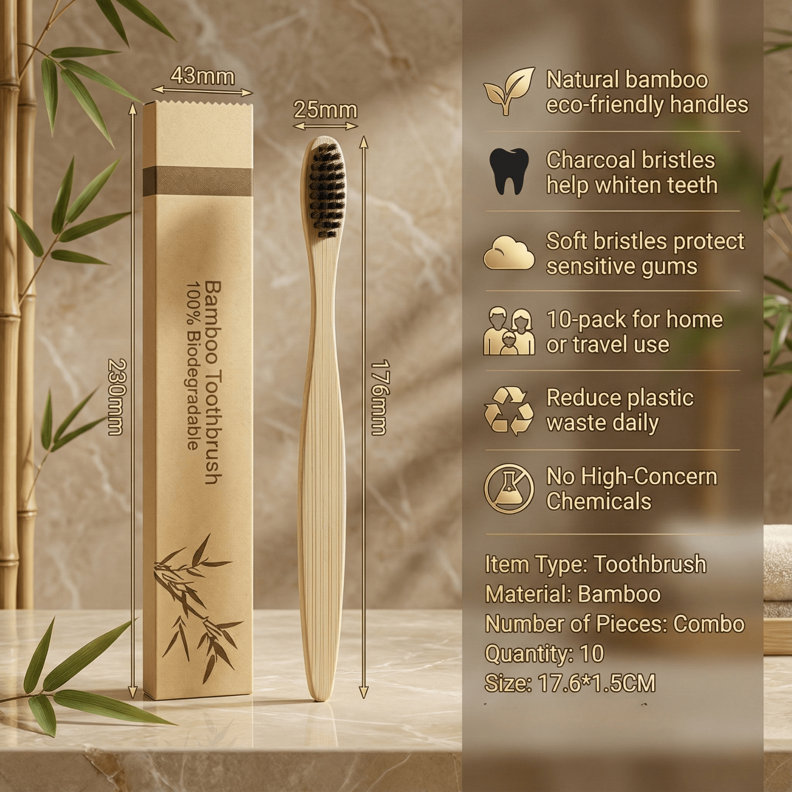 10 - Pack Bamboo Charcoal Toothbrushes Soft Bristles - The Crew