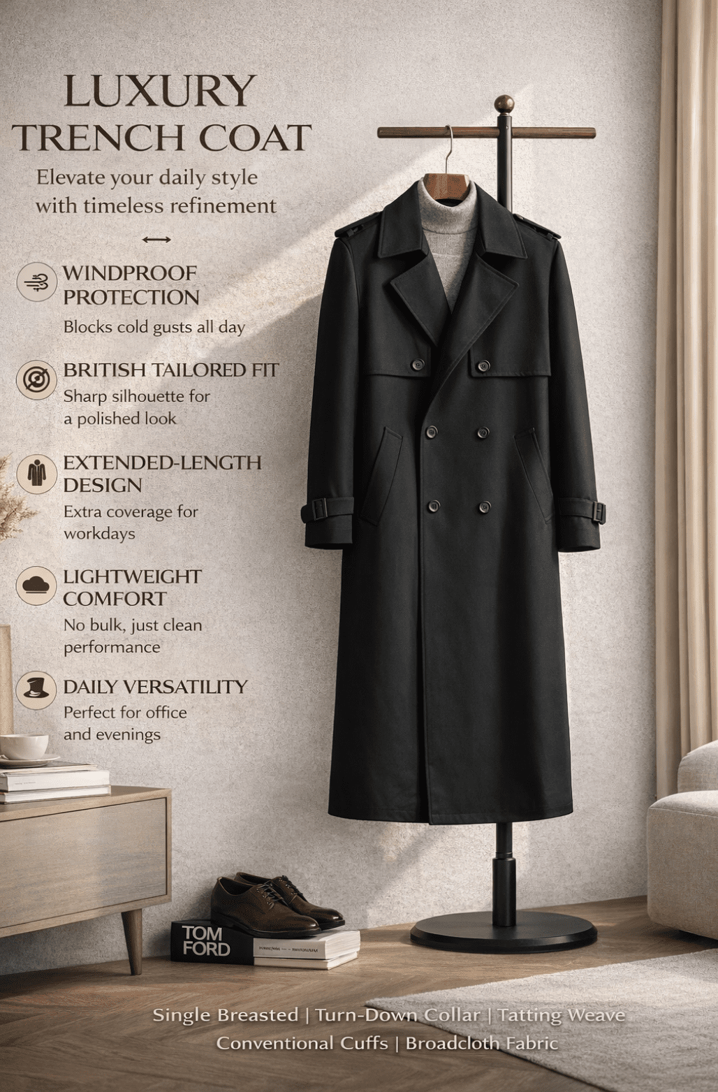 Men’s Extended - Length Trench Coat Windproof Business Style - The Crew