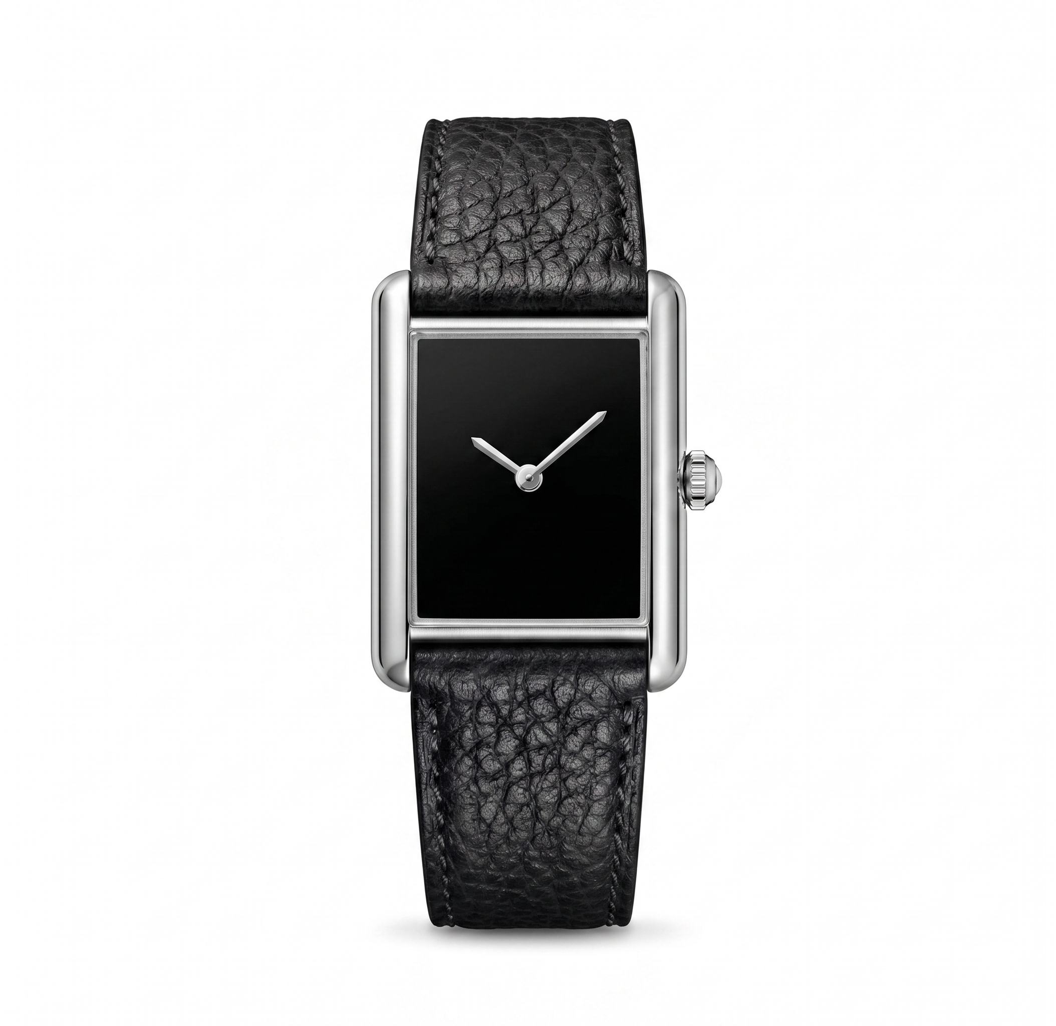 CILOA retro tank square dress watch for men featuring a silver stainless steel case, minimalist blank black dial, and a black pebbled leather strap