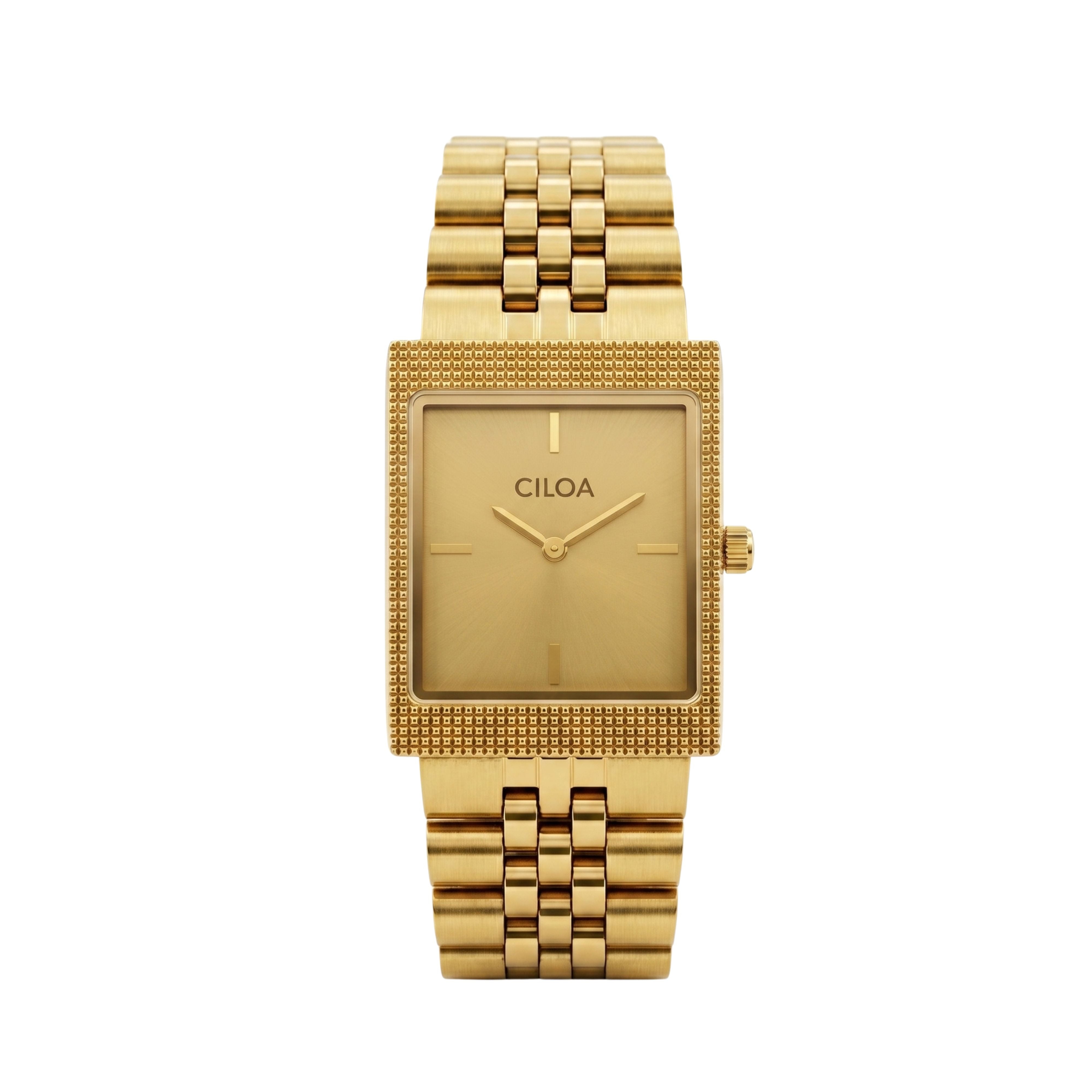 CILOA rectangular gold watch featuring a matching gold dial and a gold jubilee-style metal bracelet on a white background.