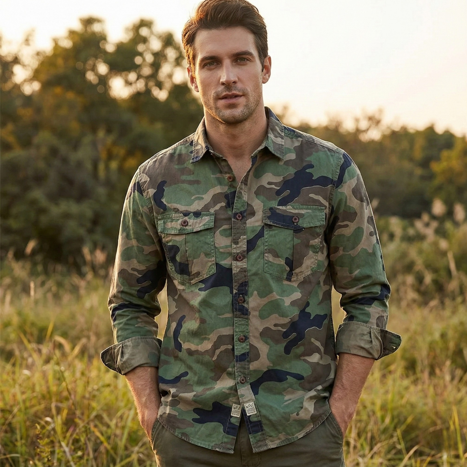 Man Wearing Camouflage Cargo Hiking Shirt Outdoors – The Crew
