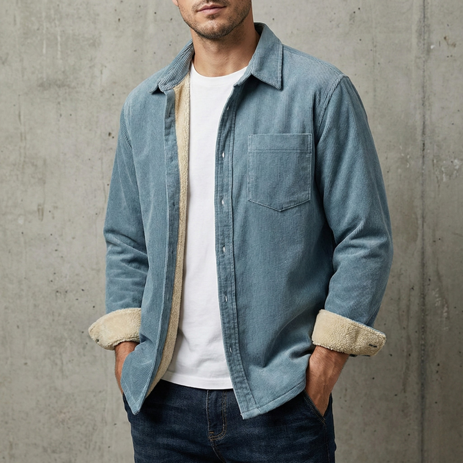 Man Wearing Vintage Fleece Cargo Overshirt Casual Look – The Crew