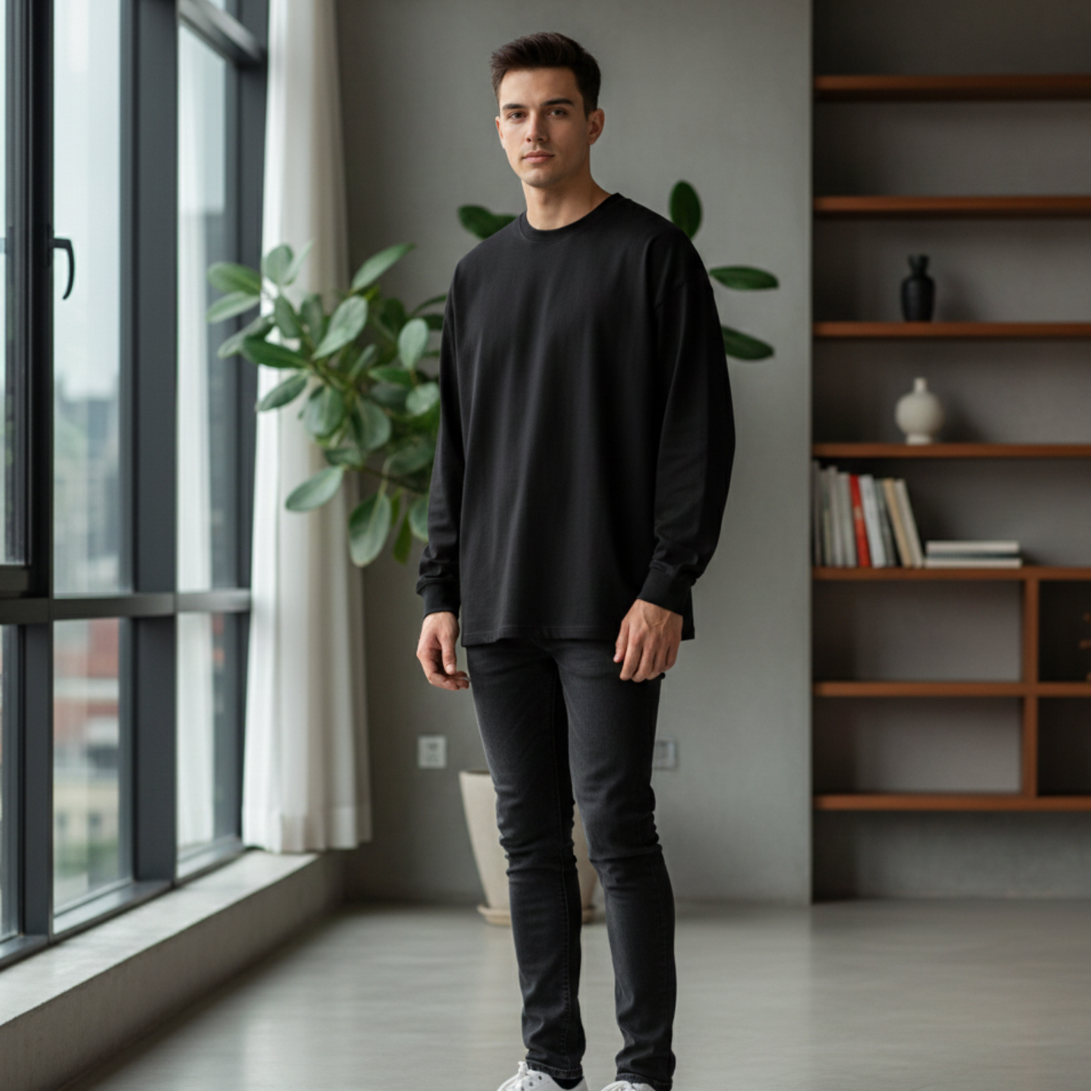 Man Wearing Premium Cotton Long Sleeve Tee Black – The Crew
