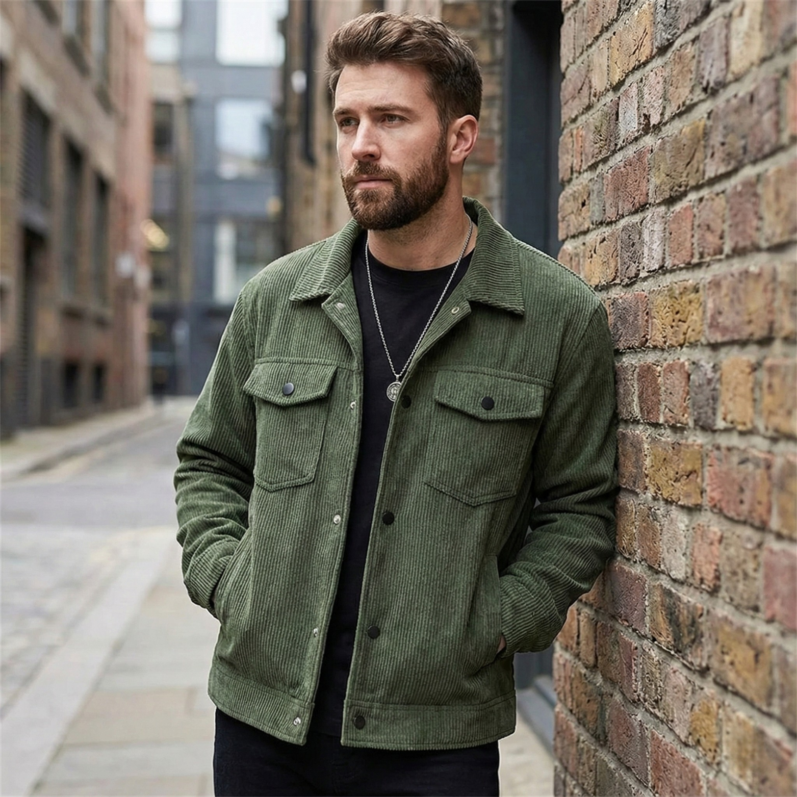Man Wearing Green Corduroy Work Jacket – The Crew