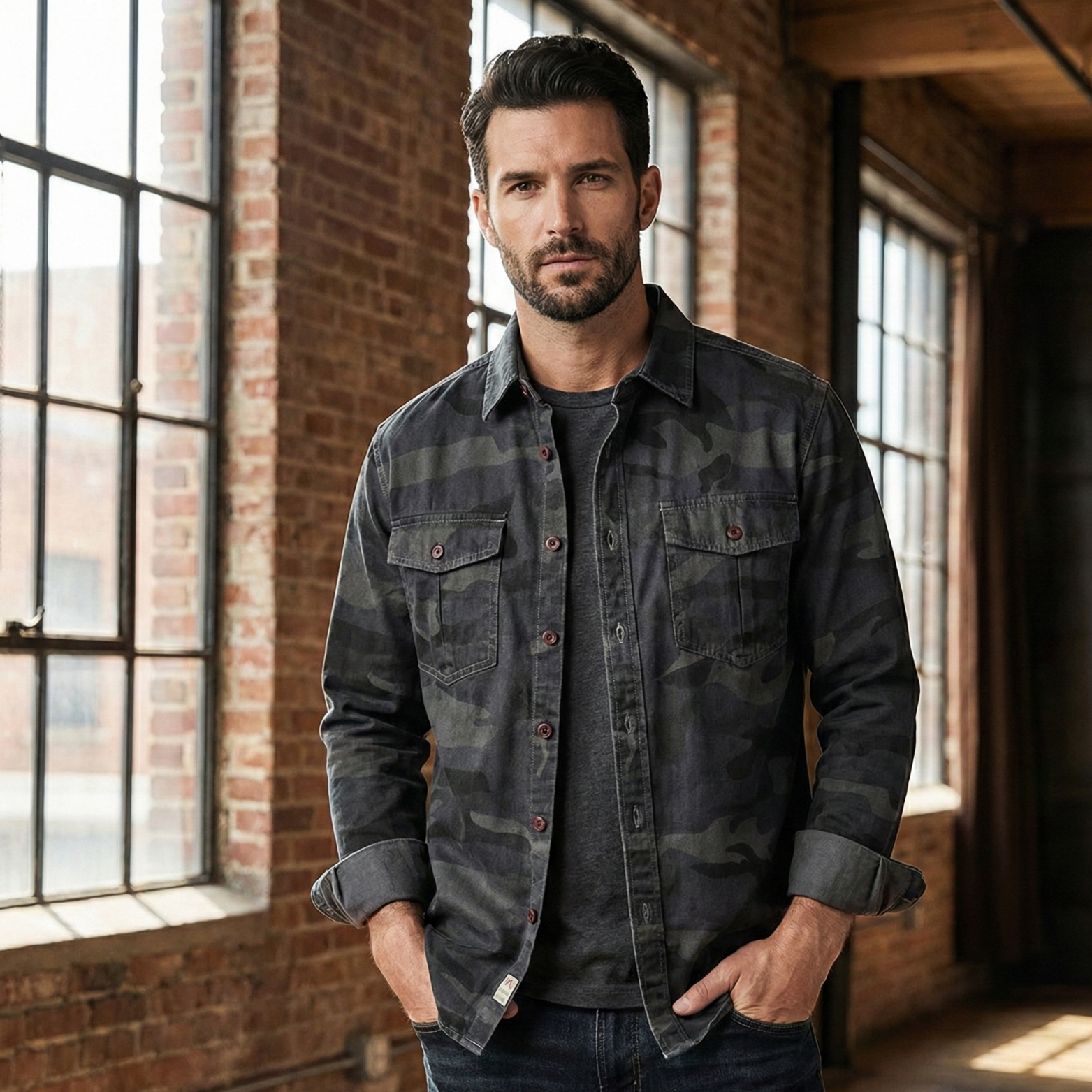 Man Wearing Black Camouflage Cargo Hiking Shirt – The Crew