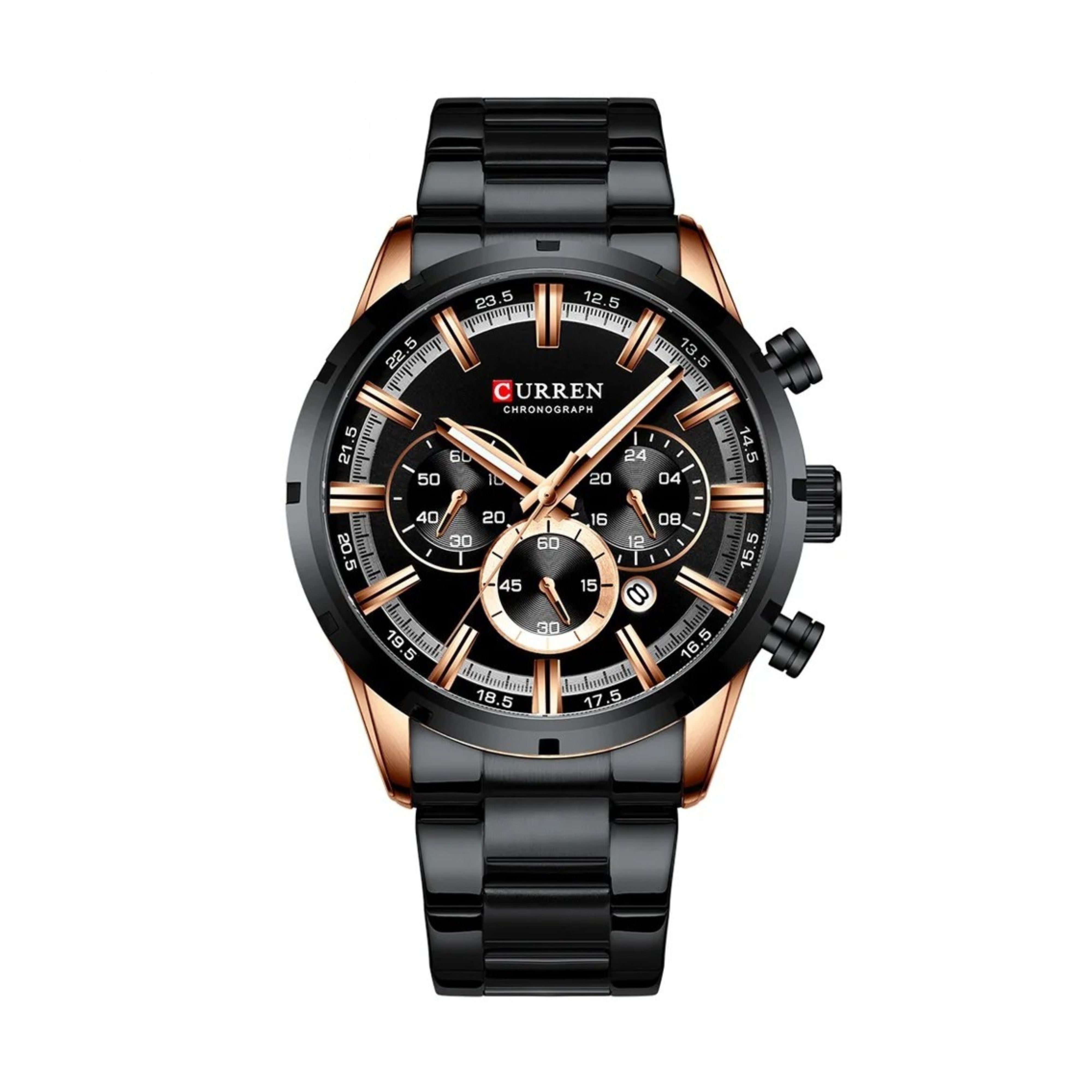 Curren business style men's watch in matte black and gold accents with full steel bracelet