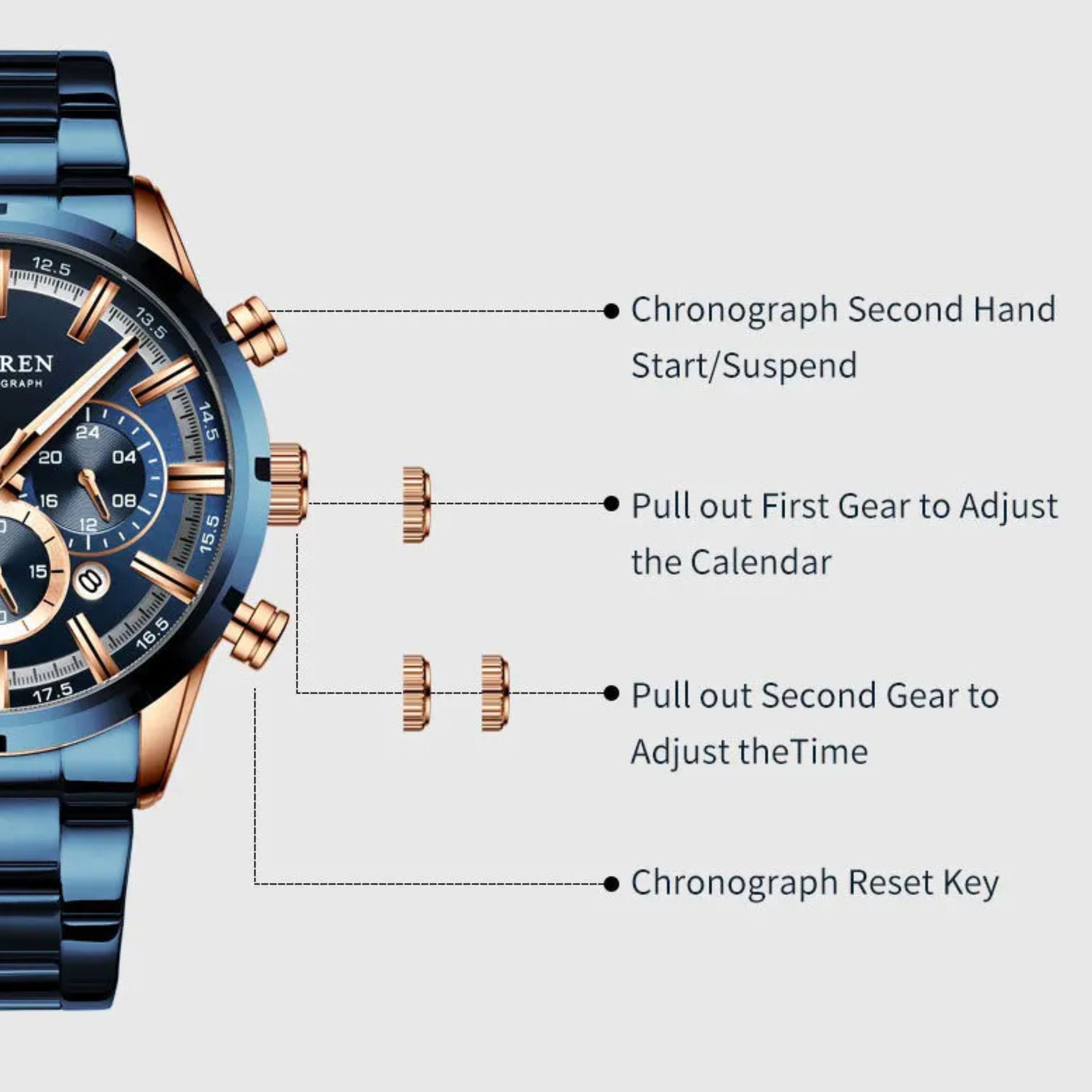 Instructional diagram explaining how to pull out the crown and use chronograph buttons on a Curren watch