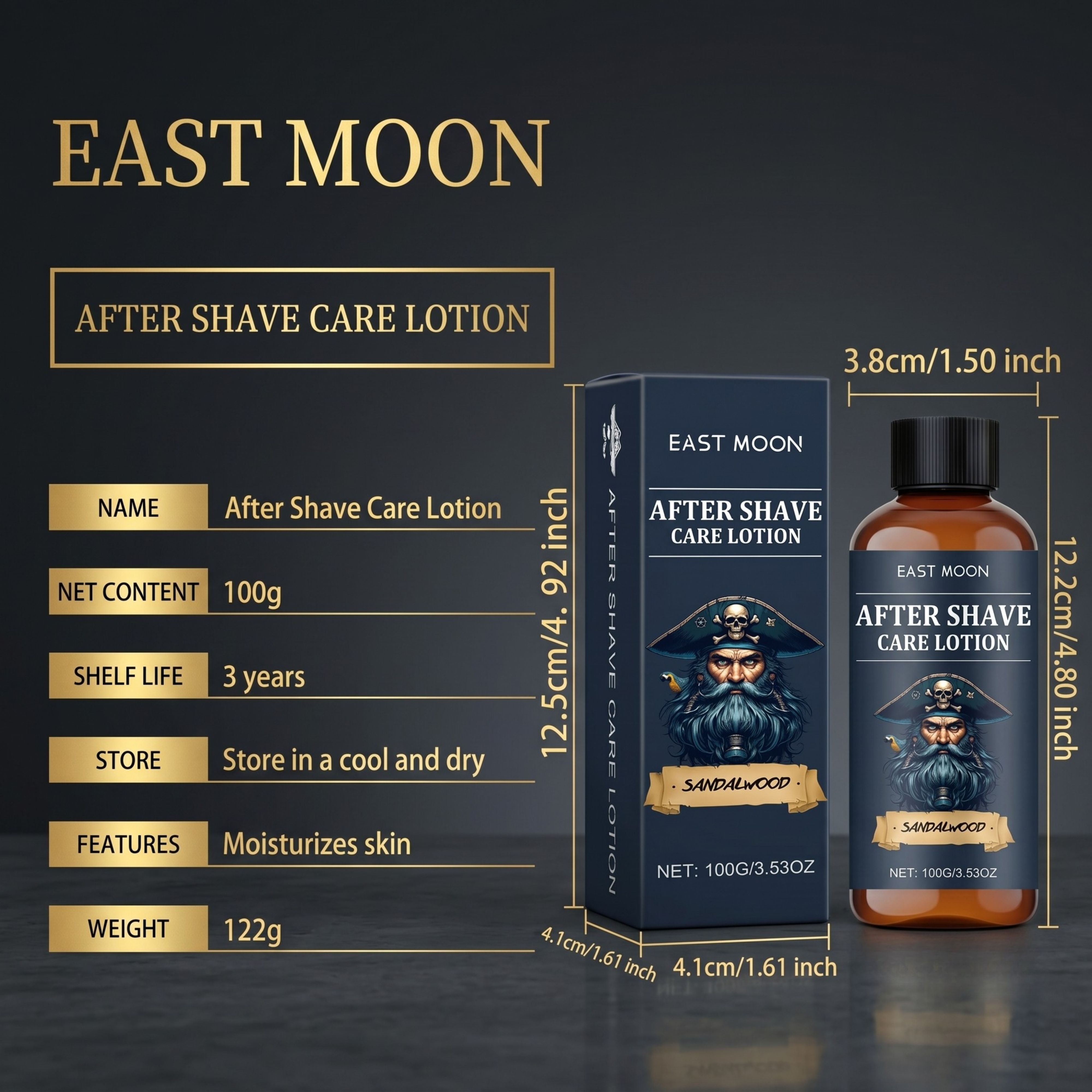Product information sheet detailing the 100ml volume, shelf life, and package dimensions of East Moon aftershave lotion