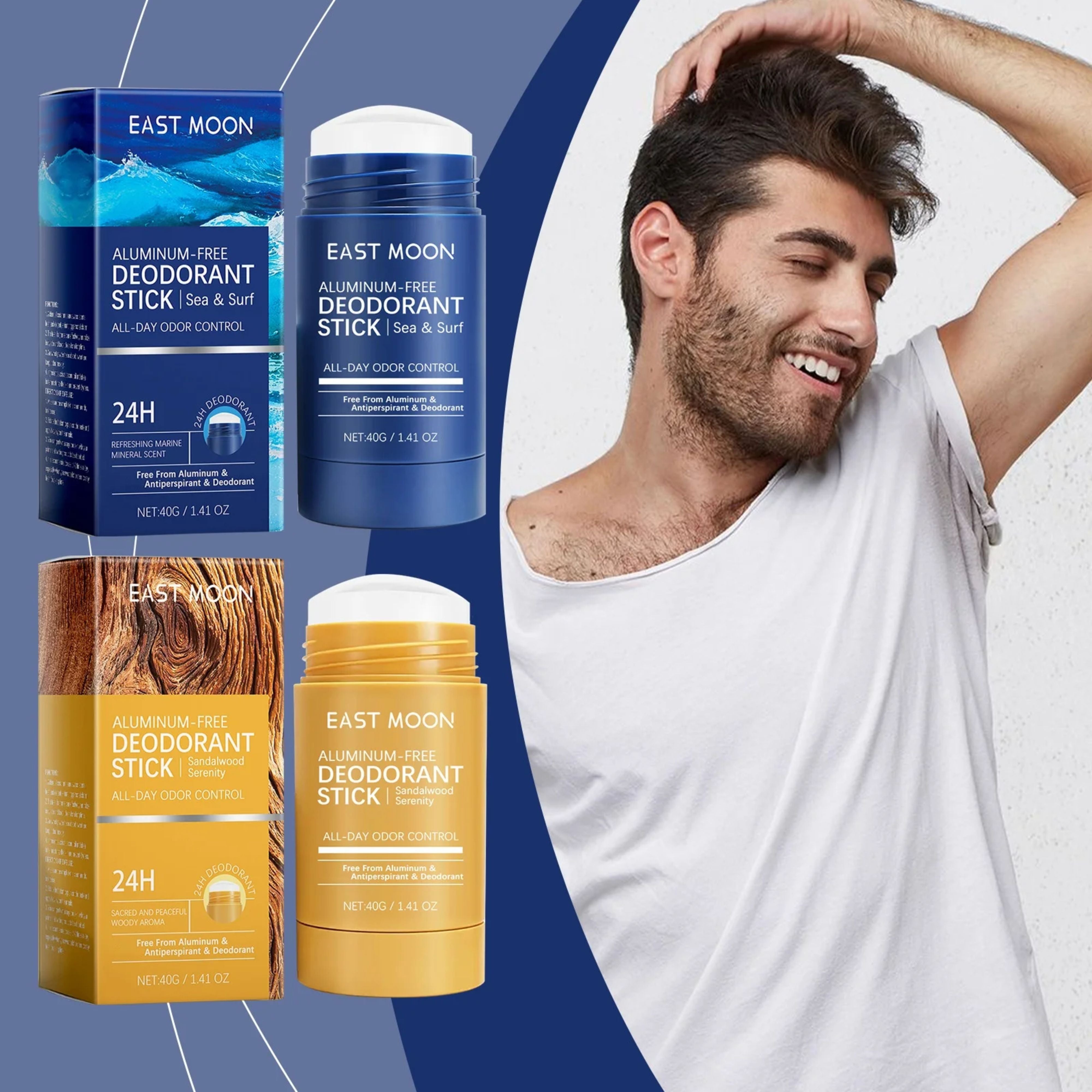 A smiling man in a white t-shirt showing clean underarms next to the blue ocean and yellow sandalwood East Moon packaging options