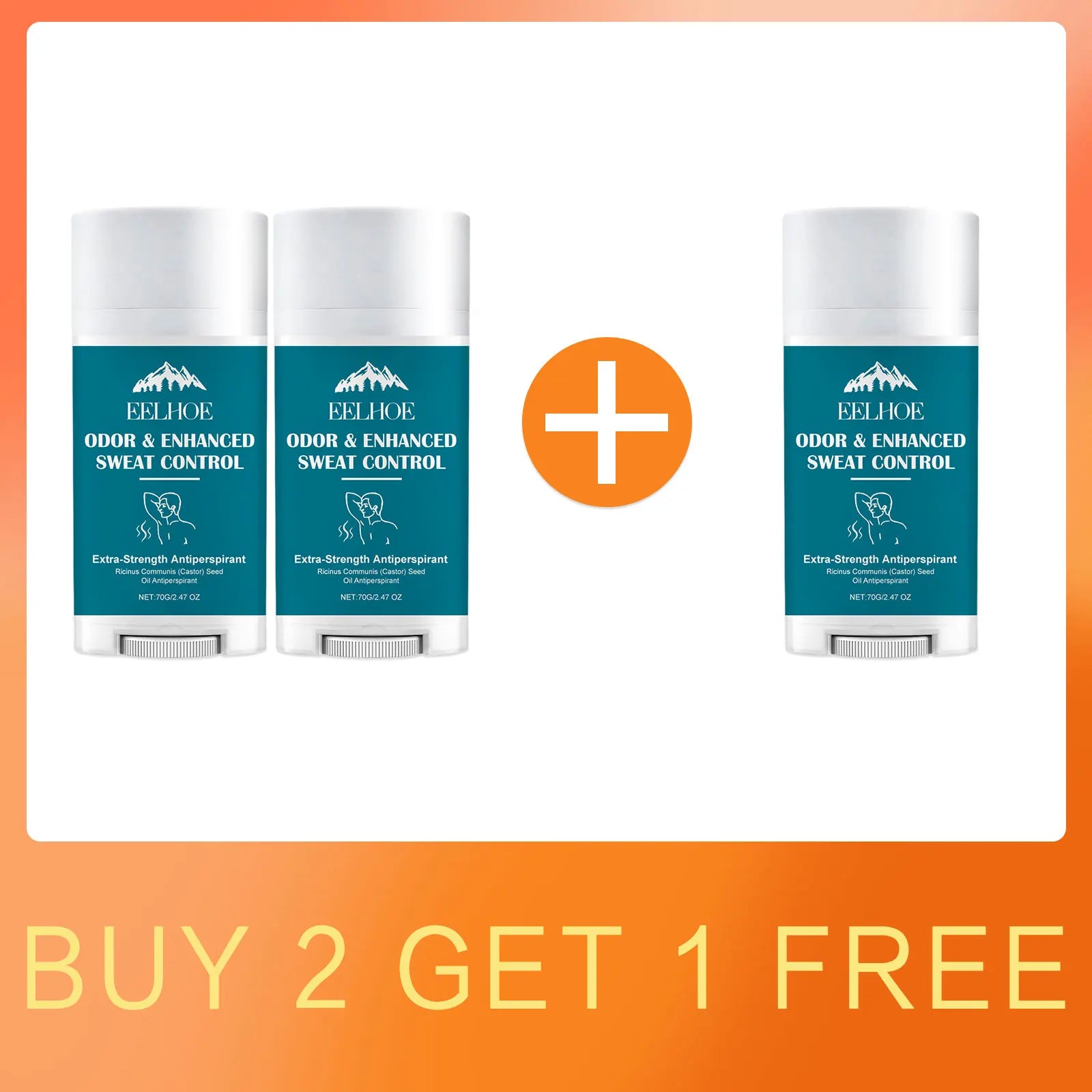 A bundle promotion banner stating Buy 2 Get 1 Free featuring three EELHOE sweat control sticks