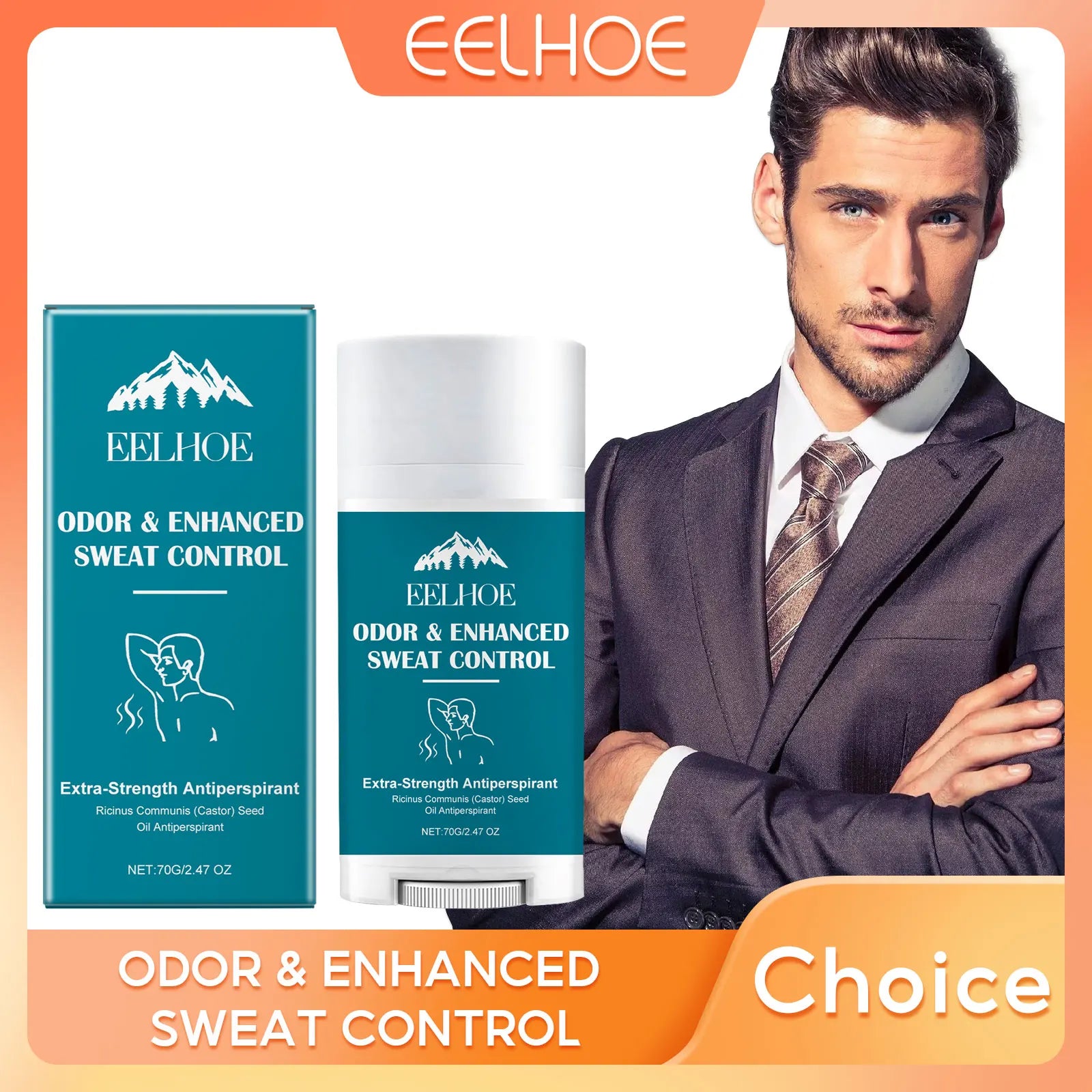 EELHOE deodorant packaging next to a sharp man in a suit, advertising extra strength sweat control