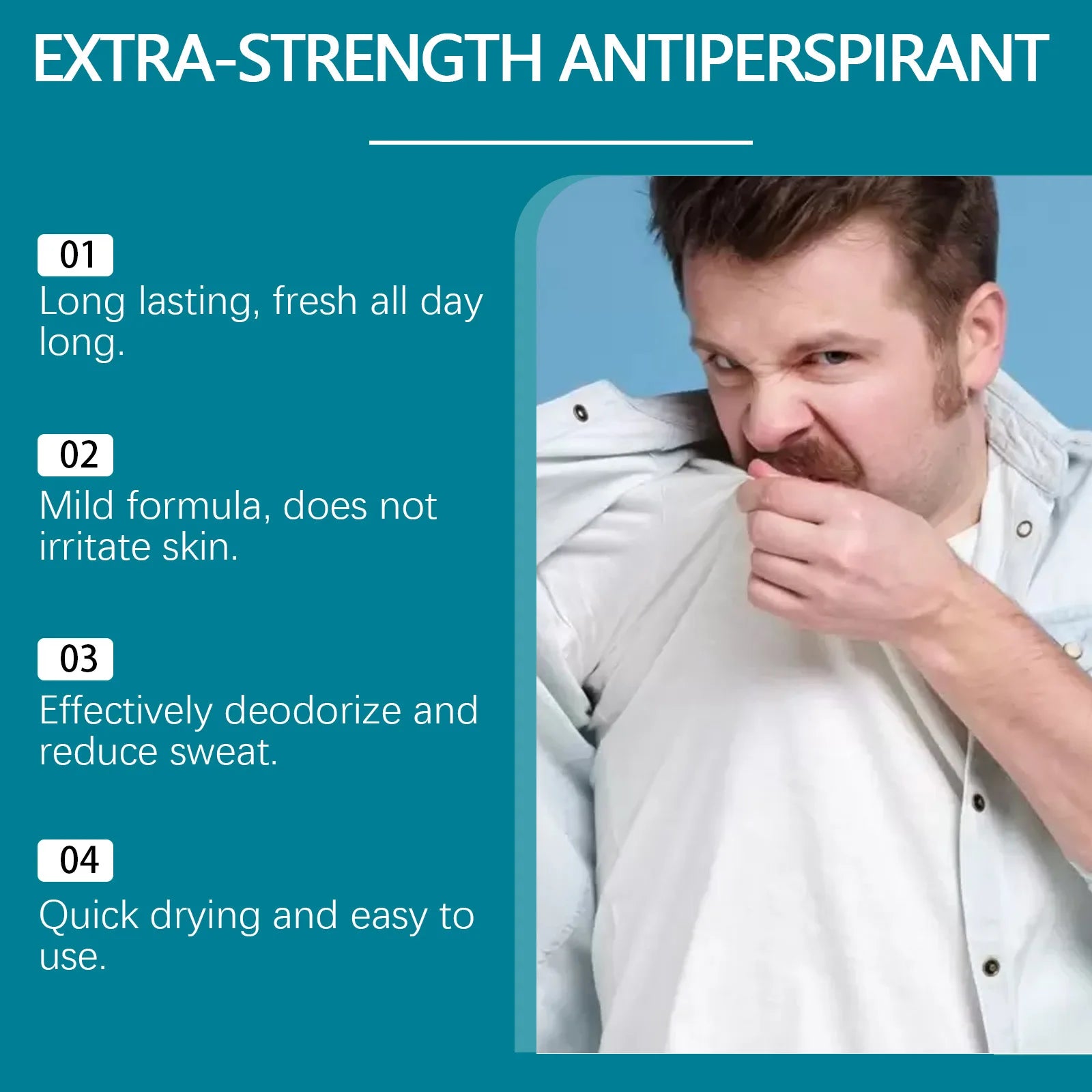 A frustrated man smelling his sweaty white dress shirt next to a list of product benefits including fast-drying and odor defense