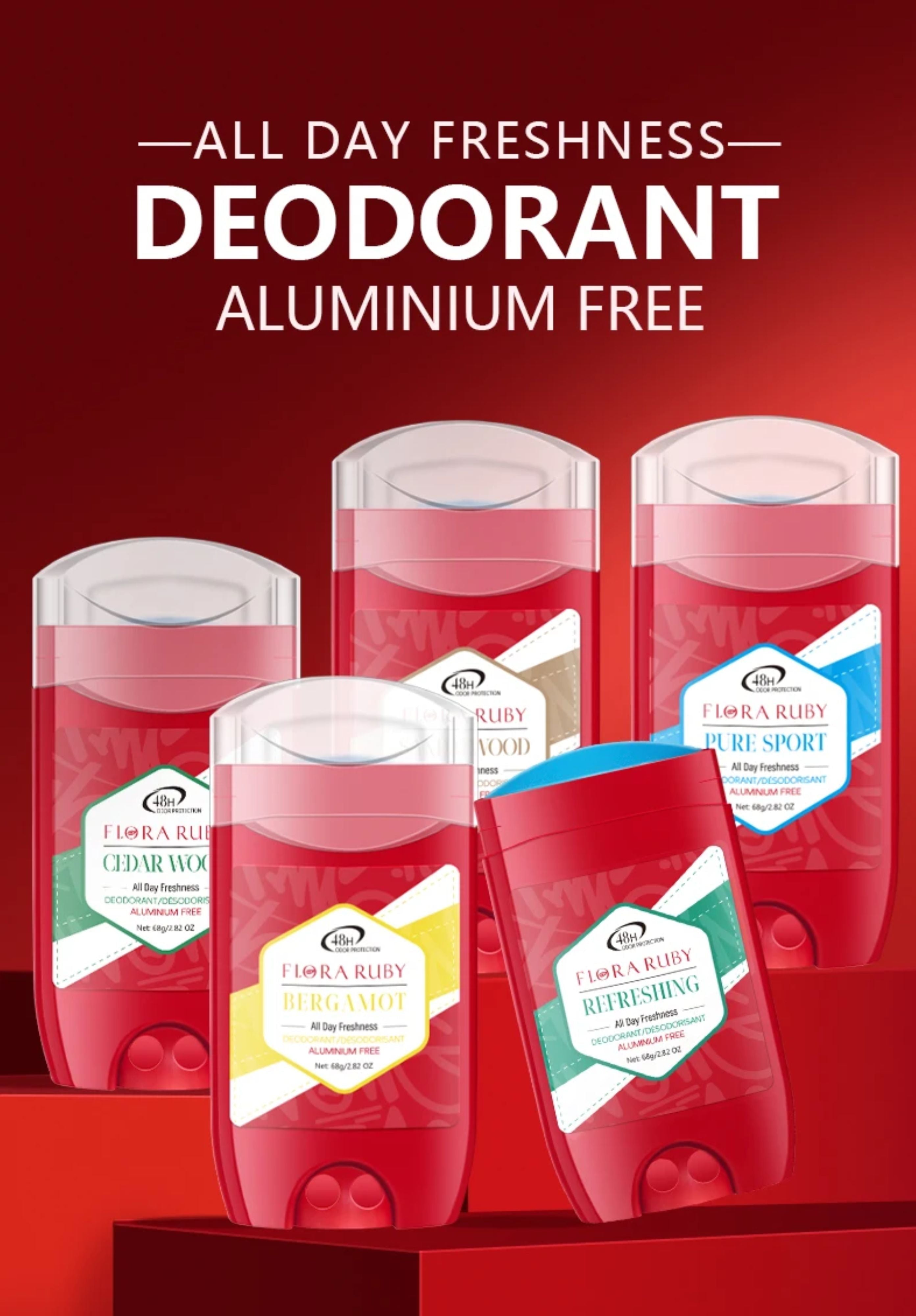 A collection of five red Flora Ruby aluminium-free deodorant sticks standing together on a clean red platform
