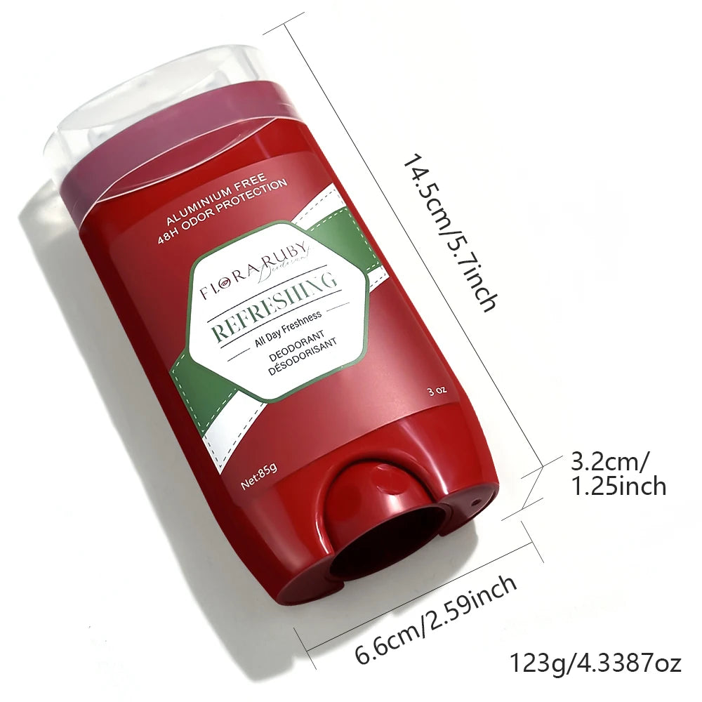 Technical measurement graphic showing the specific size dimensions and $85\text{g}$ net weight of a Flora Ruby deodorant stick