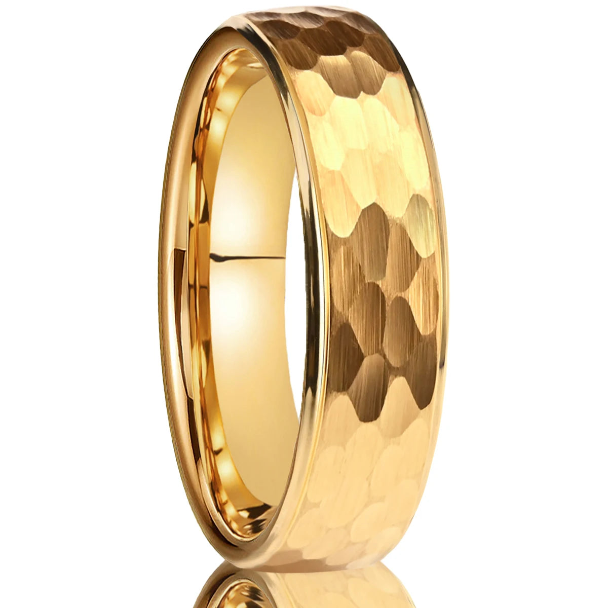 Luxury 24k gold-plated tungsten wedding band featuring a brilliant hammered facet pattern and a mirror-polished interior ring track
