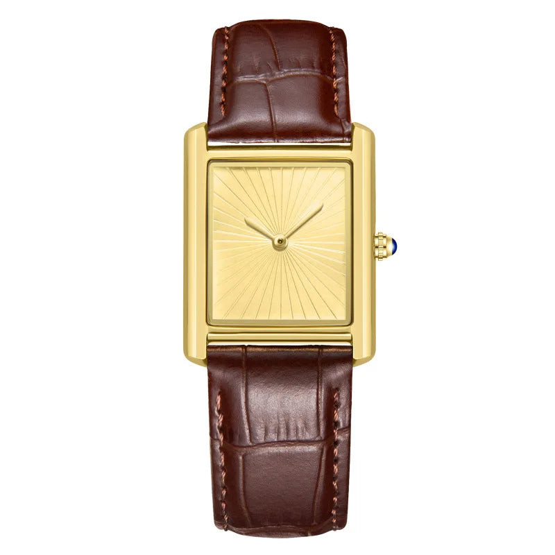 ZBJP dress watch designed with a gold rectangular case, champagne gold dial, and dark brown leather wristband