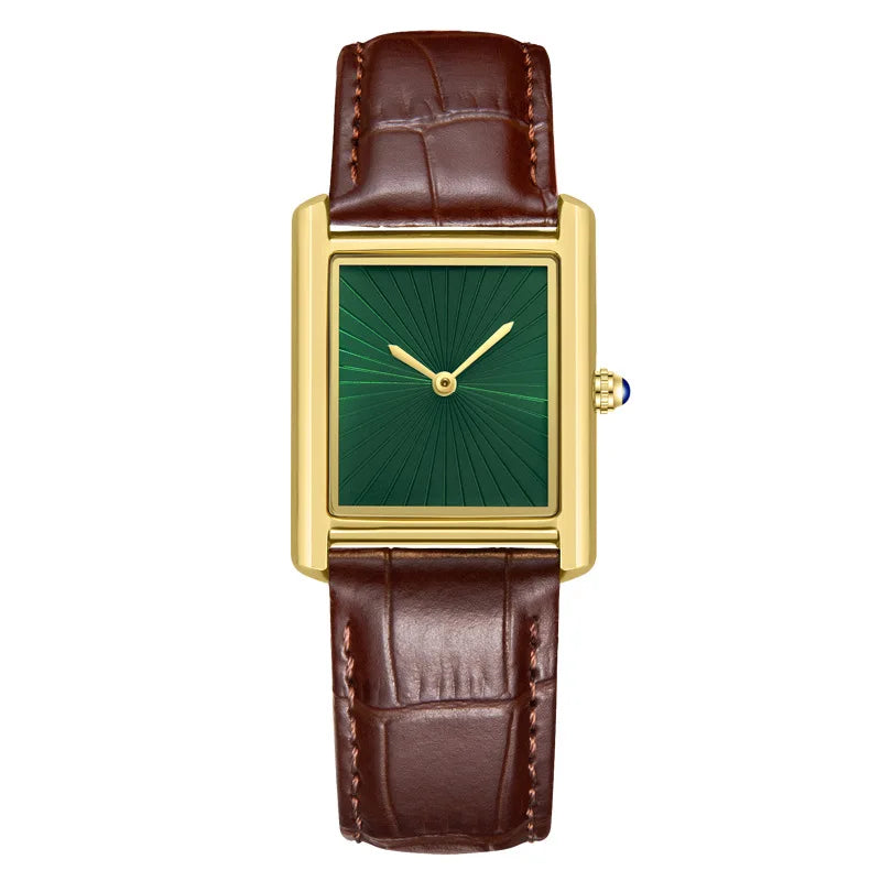 ZBJP rectangular quartz watch with a polished gold case, emerald green textured dial, and brown alligator leather strap