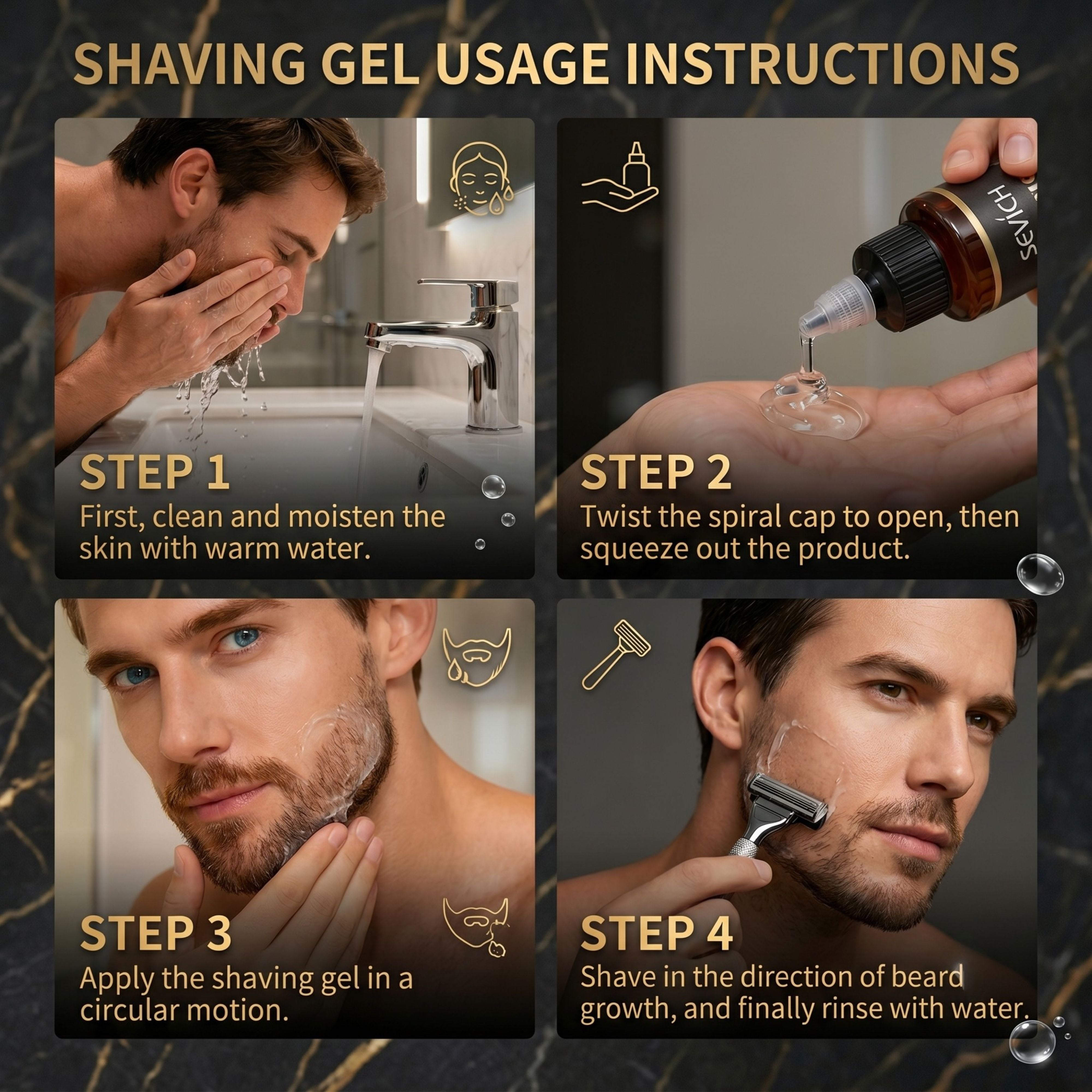 4-step infographic guide on how to apply Sevich shaving gel from skin prepping to final rinse