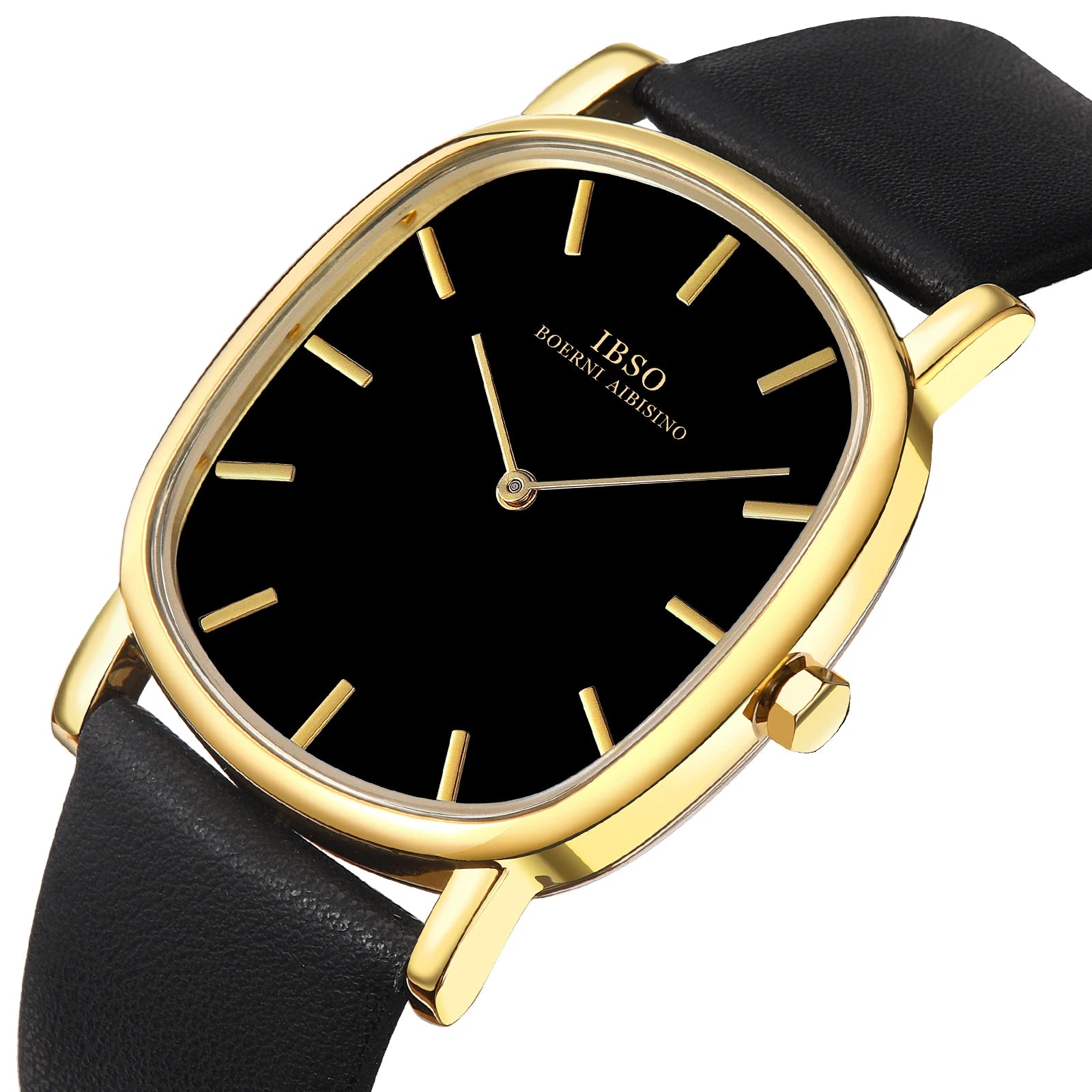 Angled view of the IBSO cushion case watch showcasing a gold frame, black numberless dial, and black leather strap.