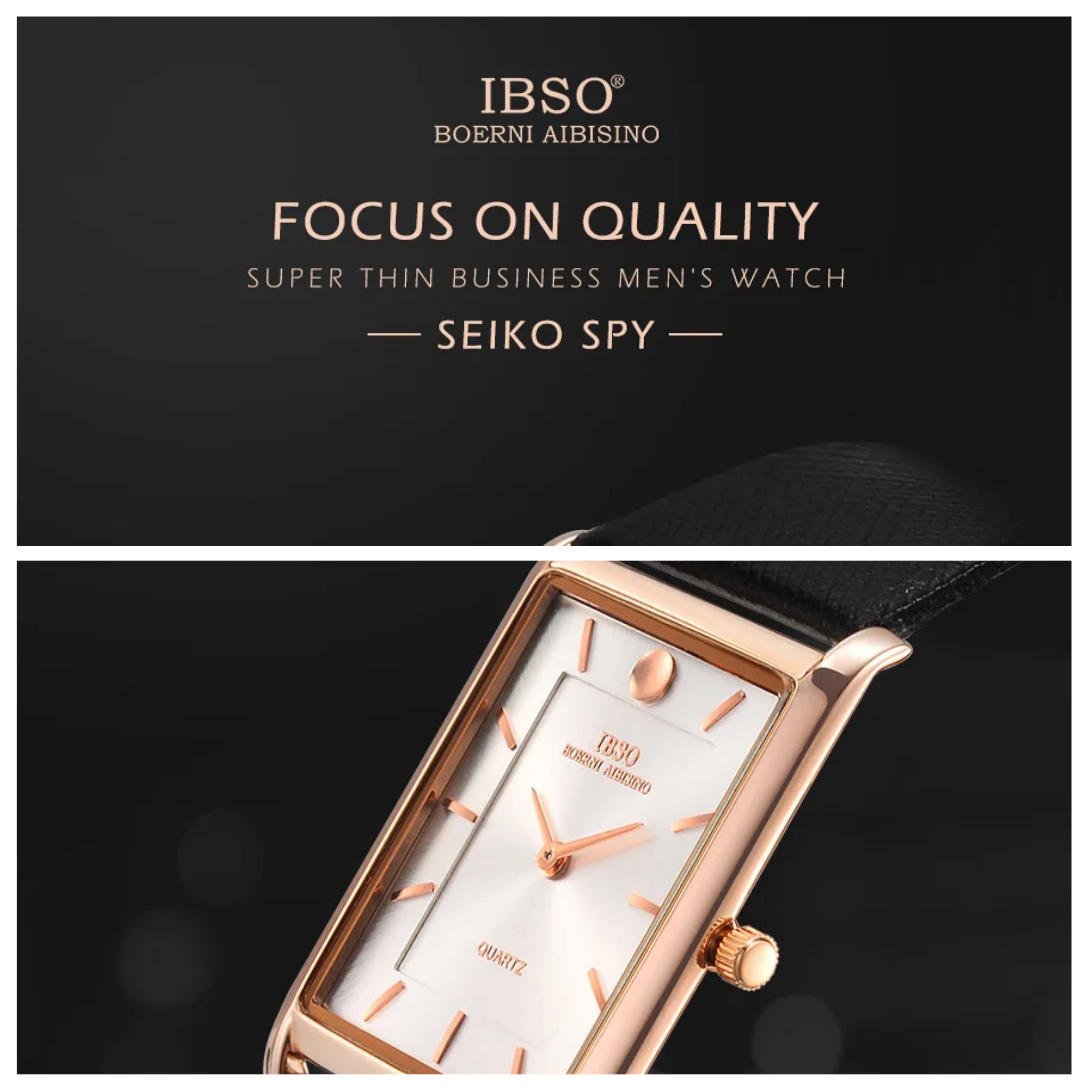 Luxury marketing graphic featuring an IBSO watch with the text Focus on Quality, highlighting premium craftsmanship