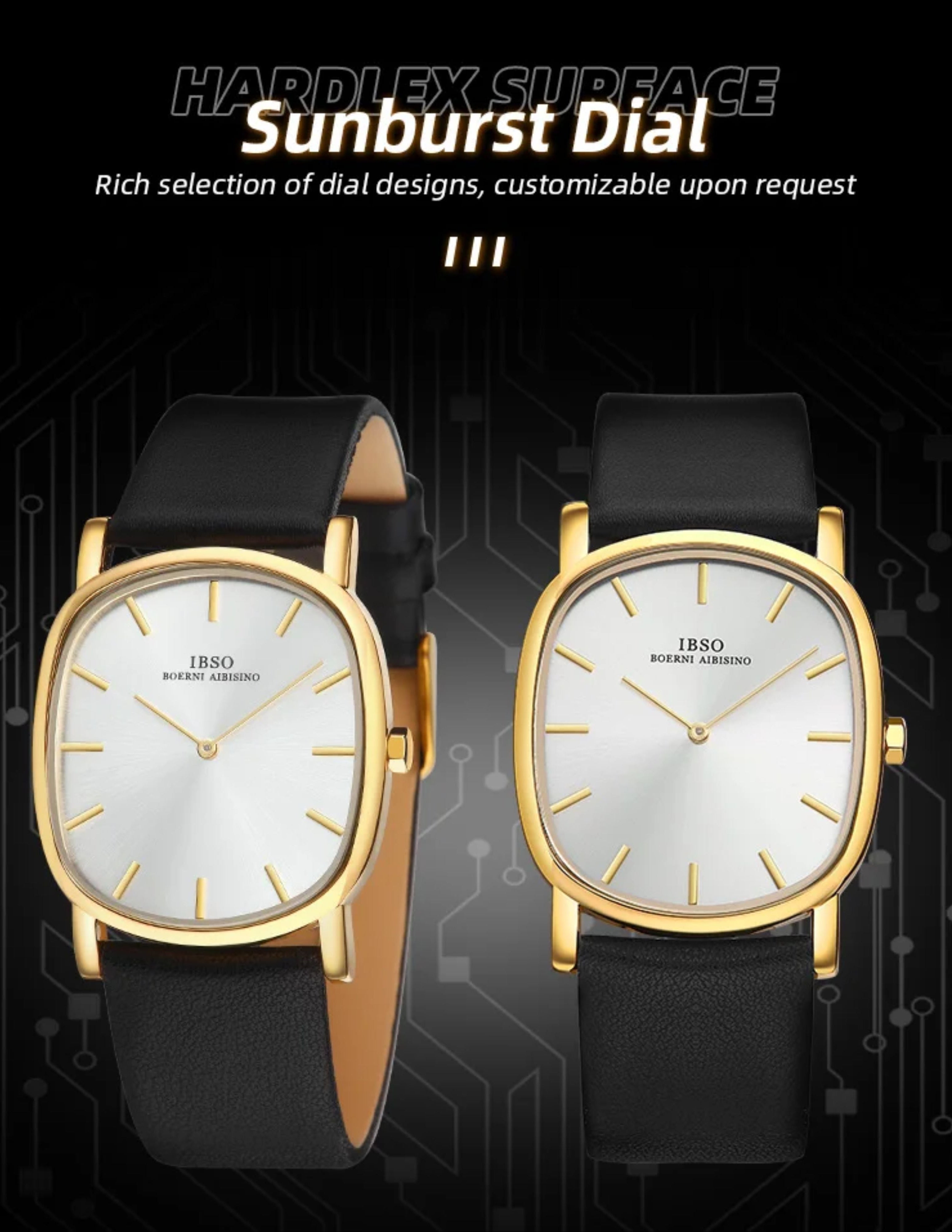 Two IBSO gold minimalist watches showcased side-by-side against a dark background to highlight the radiant white sunburst dial design.