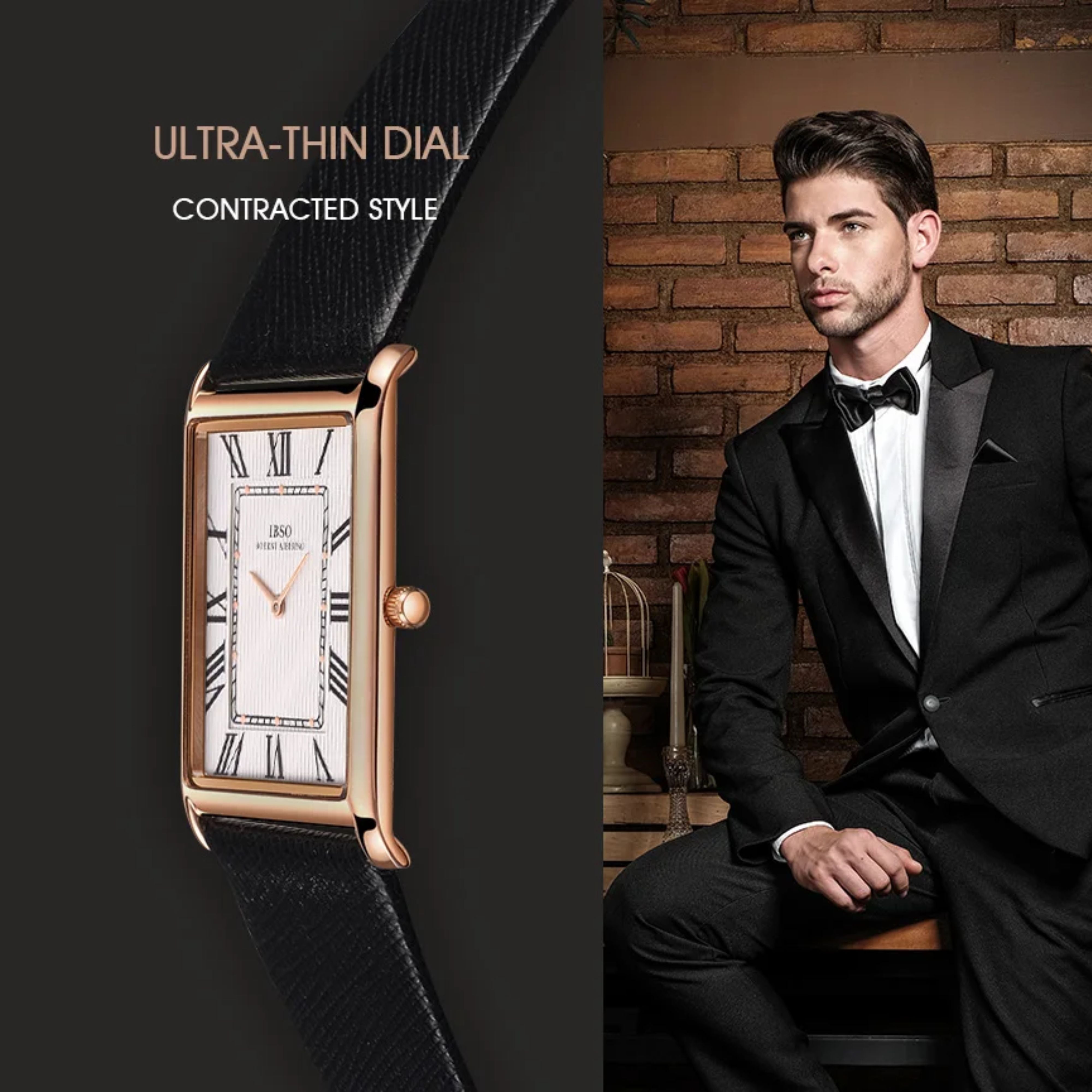 E-commerce marketing banner pairing a white-dial rectangular IBSO watch with a classic gentleman dressed in a formal black tuxedo and bow tie