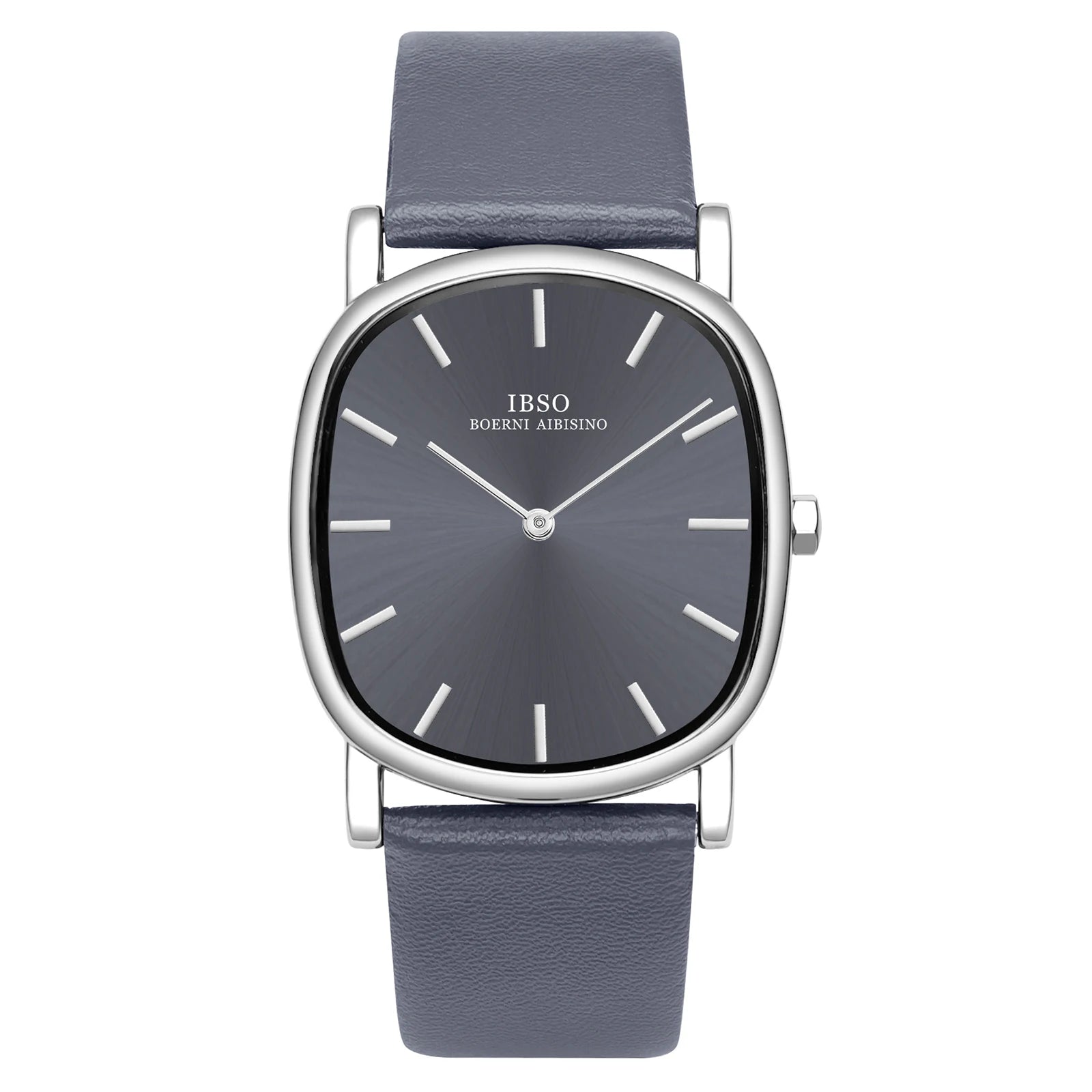 IBSO minimalist men's watch featuring a silver irregular cushion case, dark grey sunburst dial, and grey leather strap on a white background.