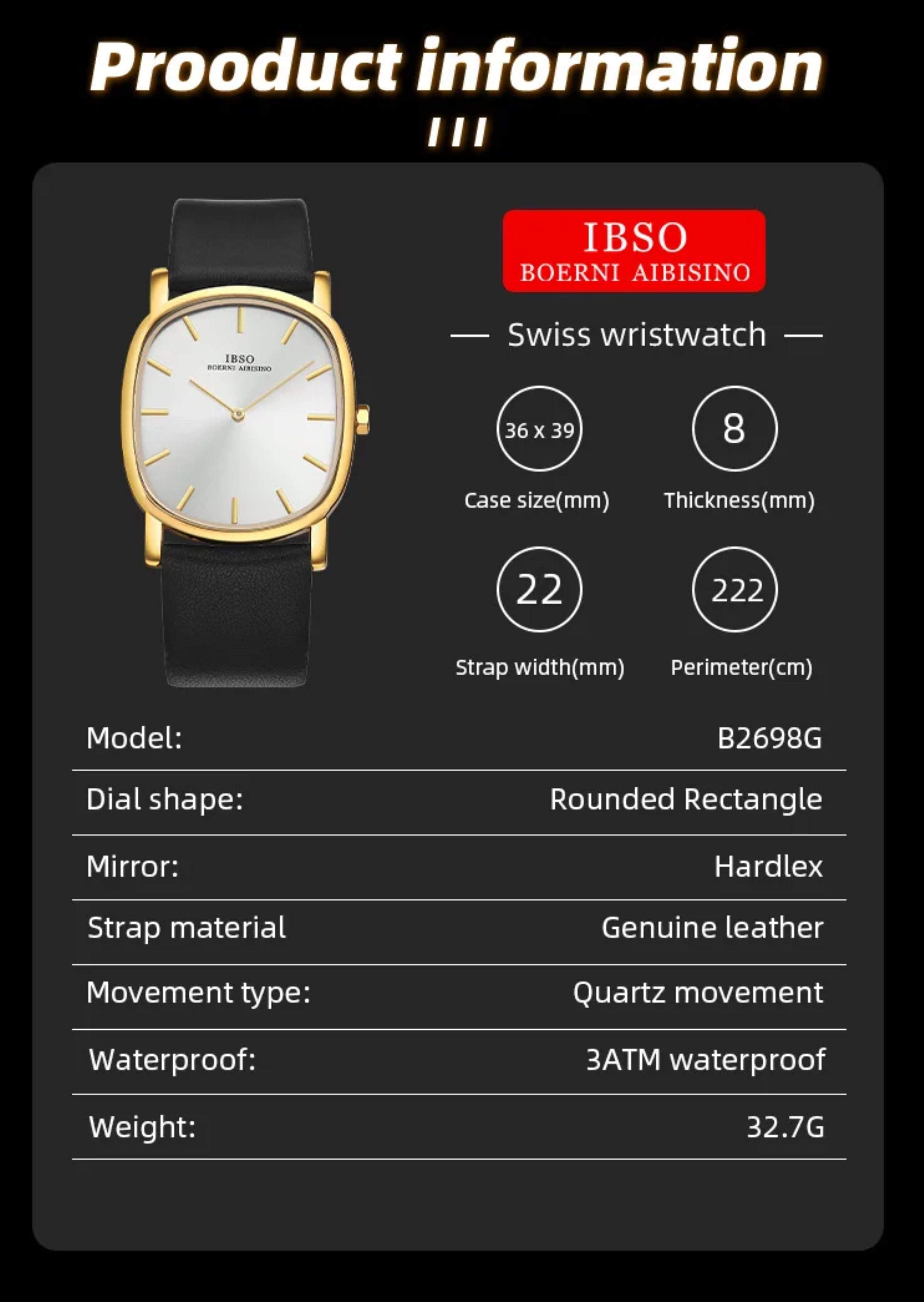 Product information graphic for the IBSO minimalist watch detailing movement, strap material, dimensions, and water resistance specifications.