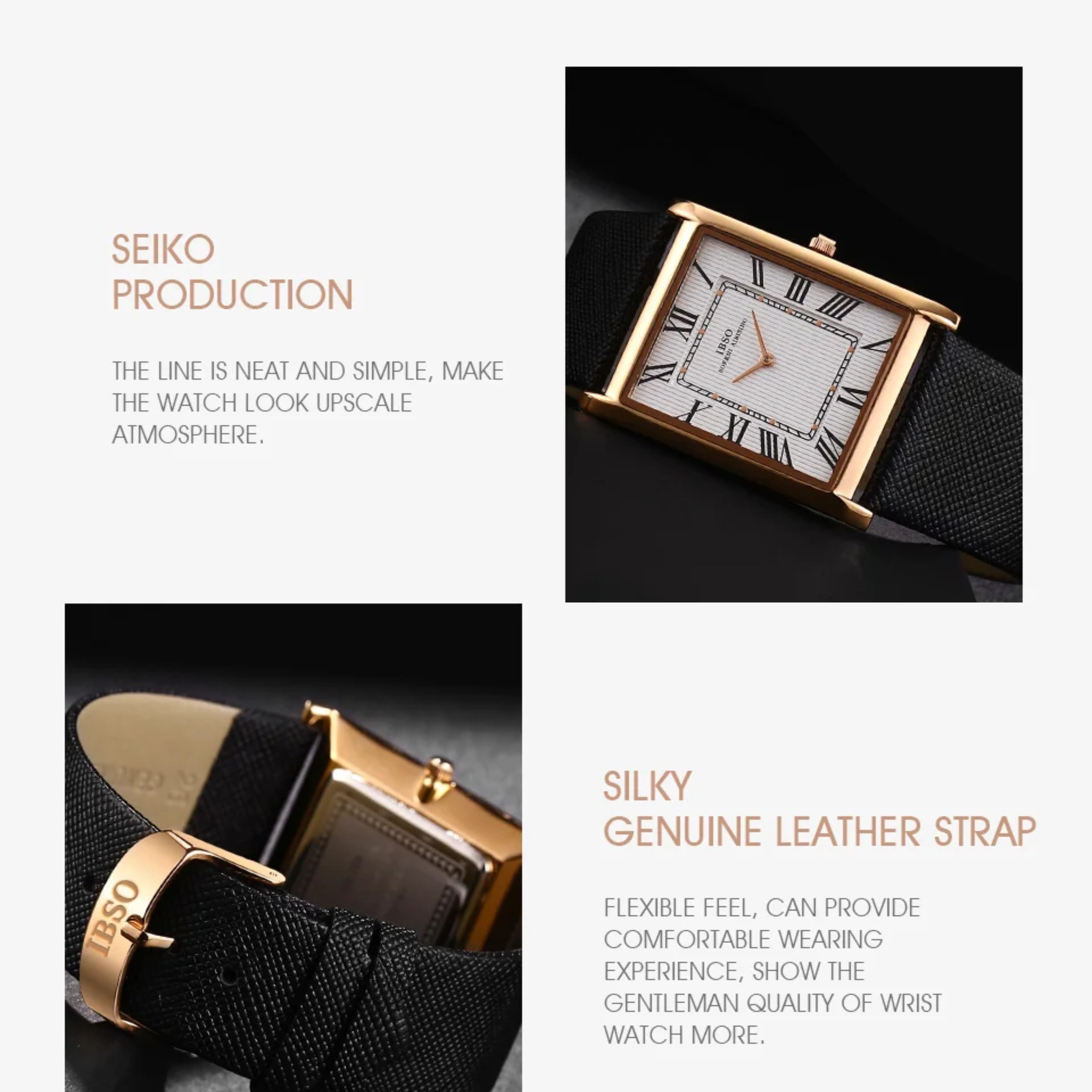 Brand narrative slide showing a close-up of the IBSO white Roman dial watch face alongside macro details of the genuine black leather strap and clasp
