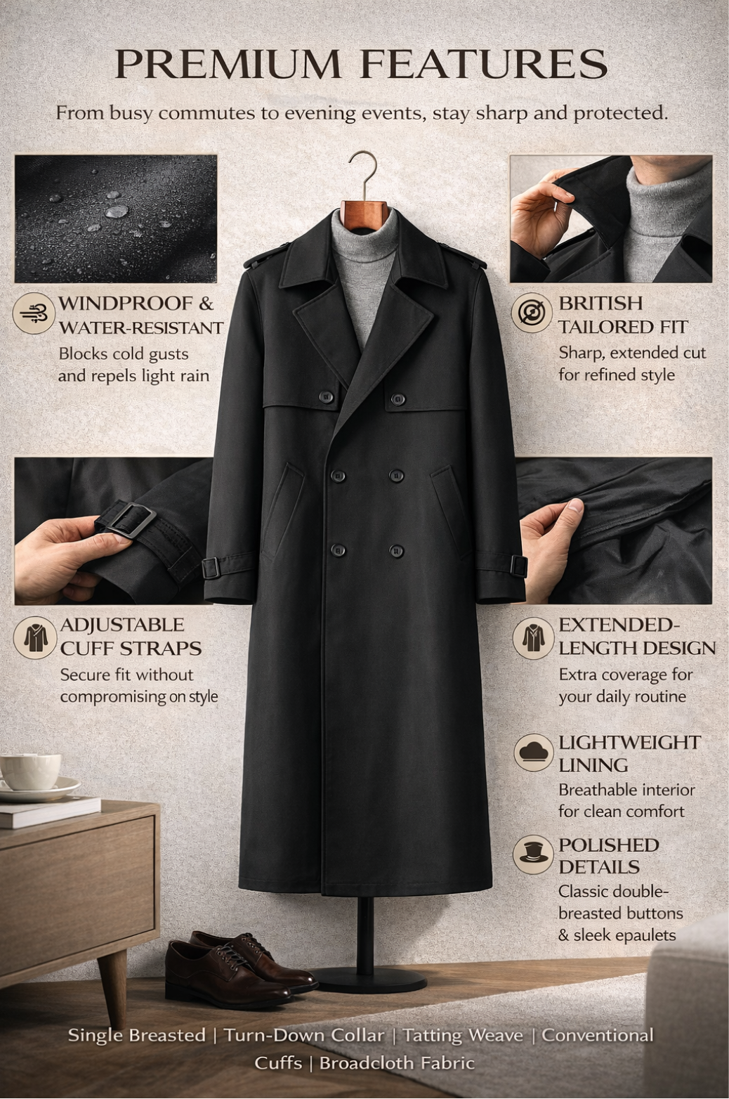 Product specification chart for high end winter coat detachable wool cotton features