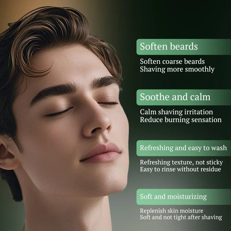Infographic explaining how Kormesic foam softens beards, soothes skin, and provides a non-sticky texture