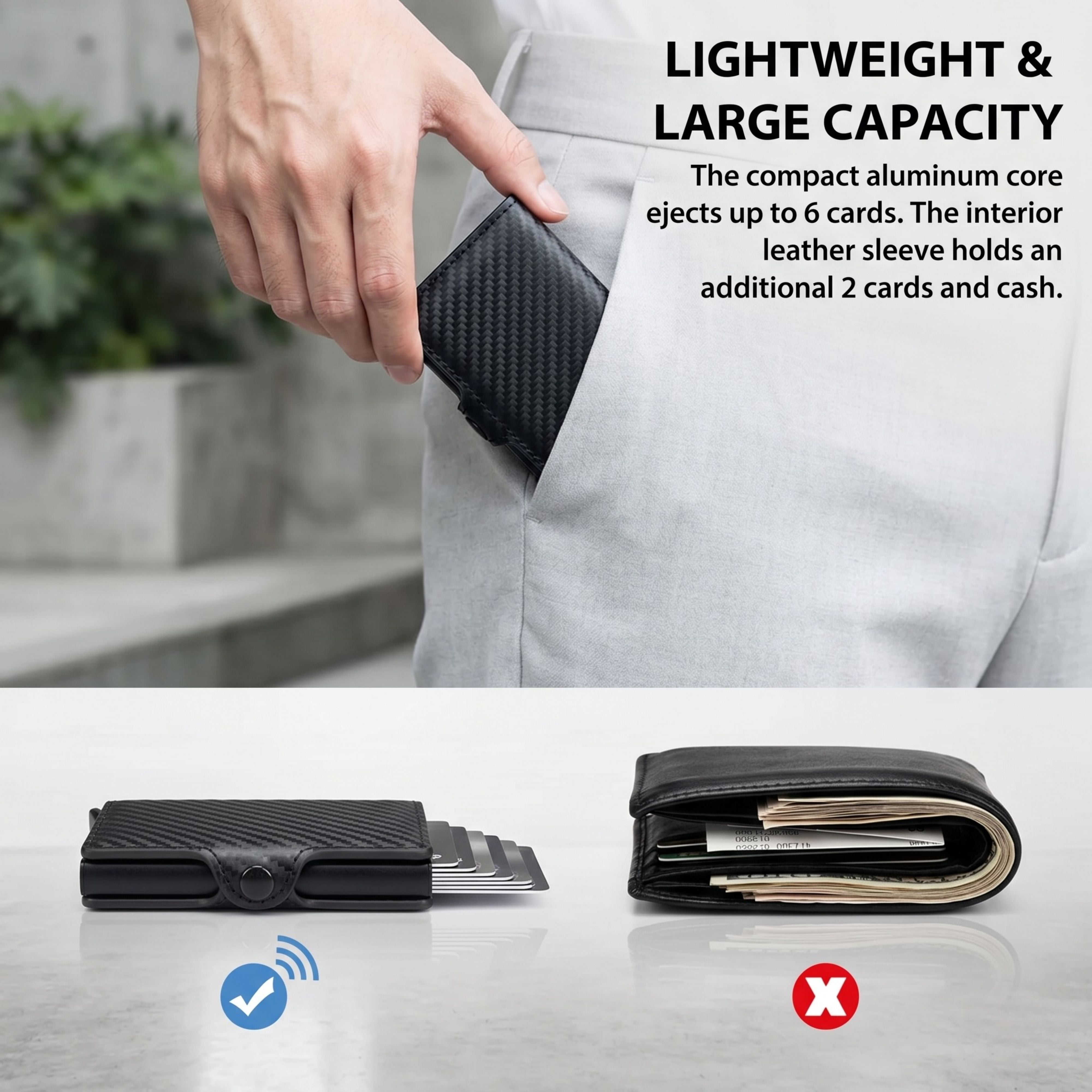 A lifestyle infographic demonstrating the CaseKey wallet sliding comfortably into a front trouser pocket, comparing its flat profile against a bulky back-pocket wallet