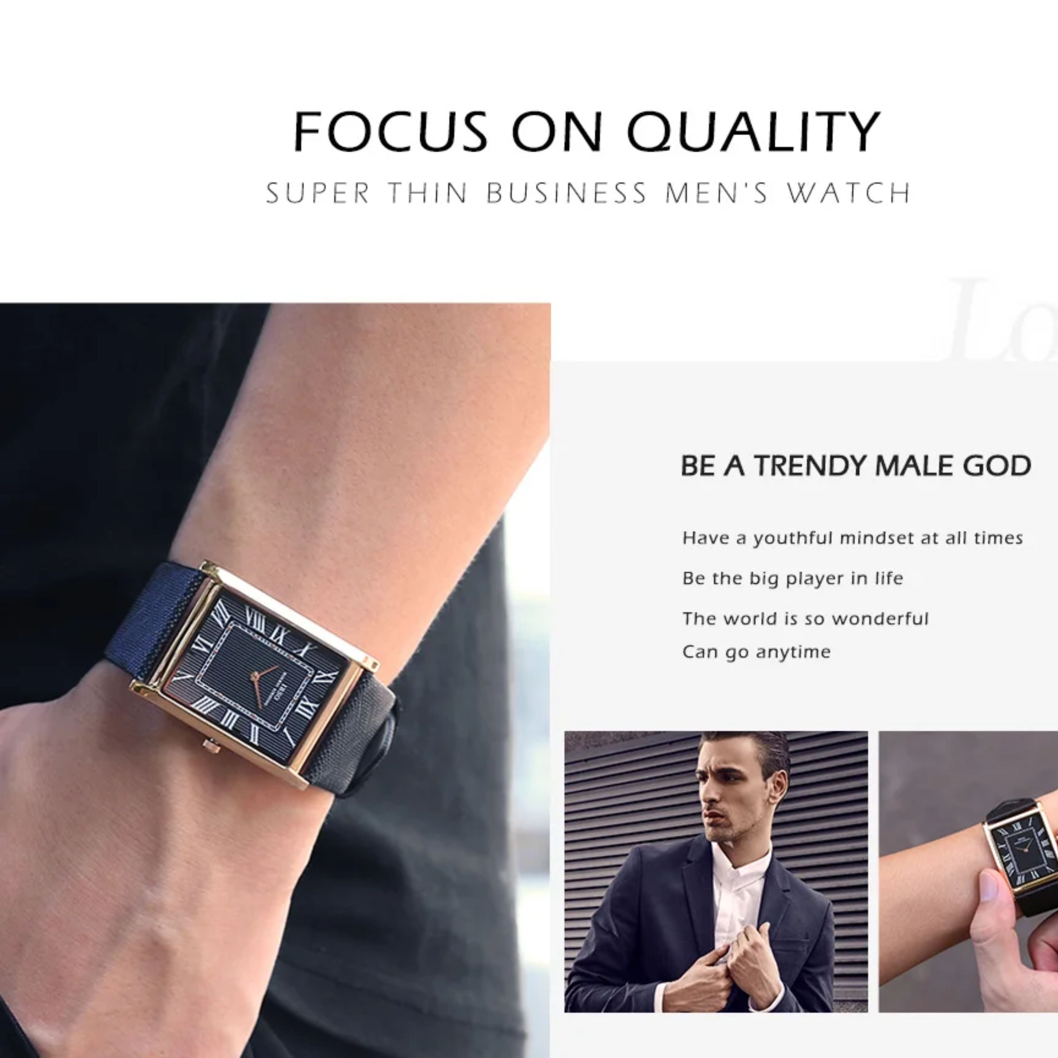 E-commerce banner displaying a man wearing the IBSO ultra-thin rectangular watch on his wrist, titled Focus on Quality Super Thin Business Men's Watch