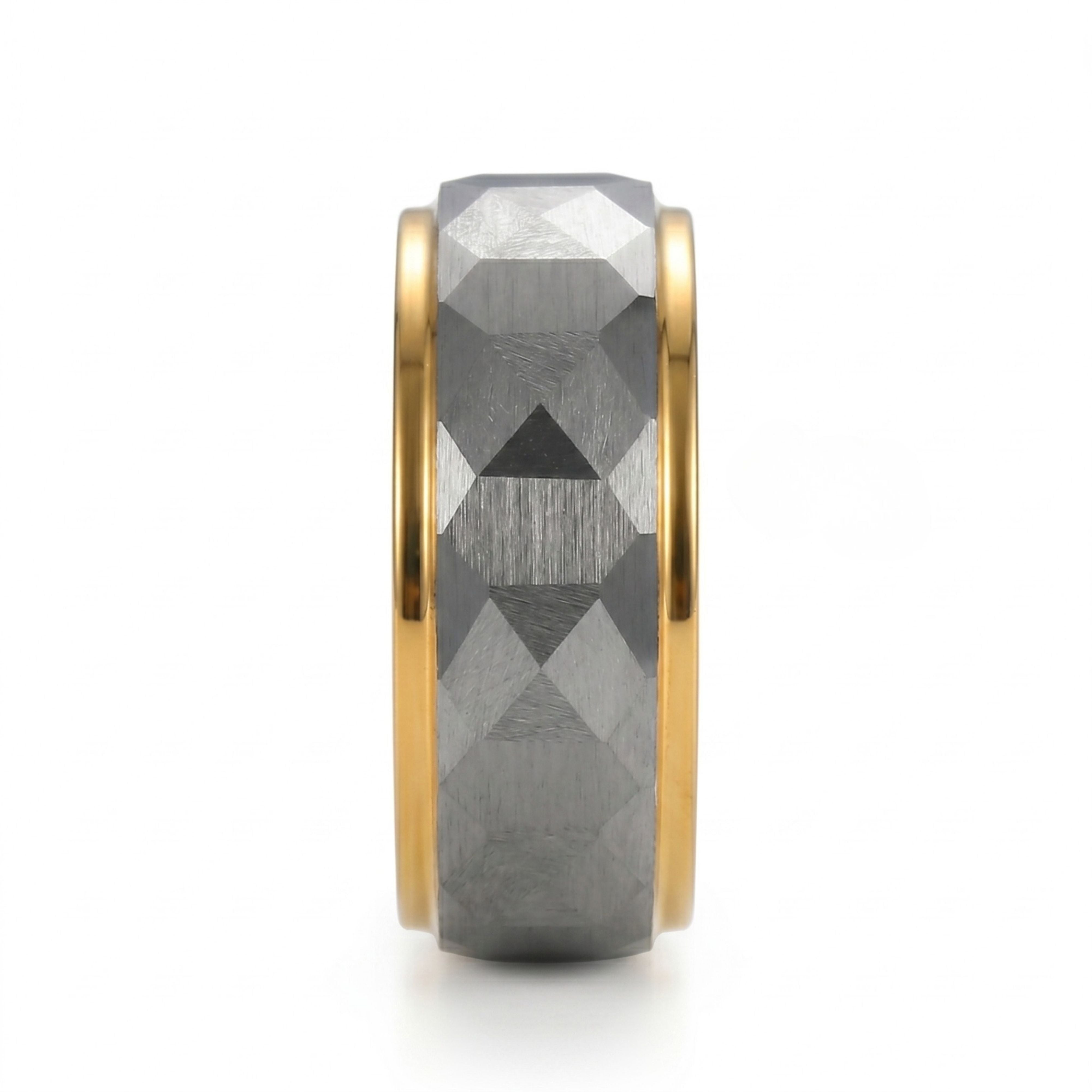 Meaeguet 8mm tungsten carbide ring for men featuring a geometric multi-faceted brushed silver exterior and polished gold step edges