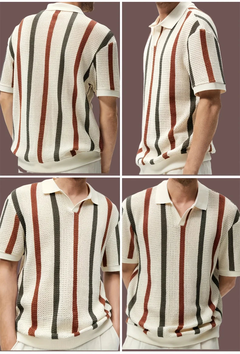Multi-angle style lookbook collage showcasing the front, back, and side drape of the men's casual striped knit shirt
