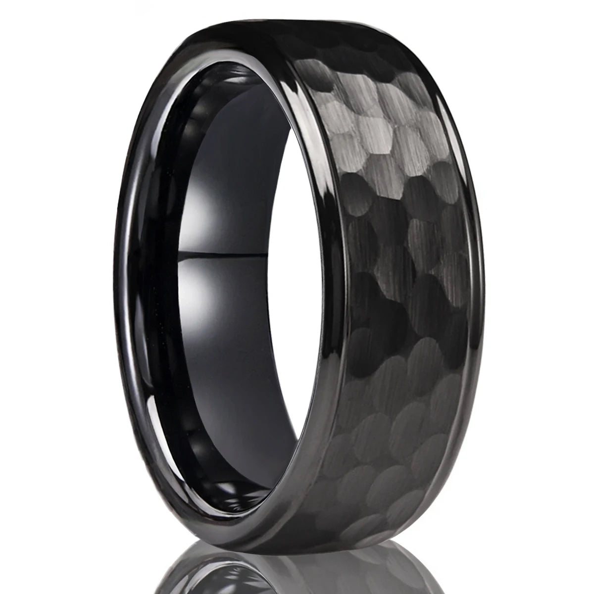 Men's all-black tungsten carbide ring showing a dark textured hammered shell with polished smooth comfort-fit edges