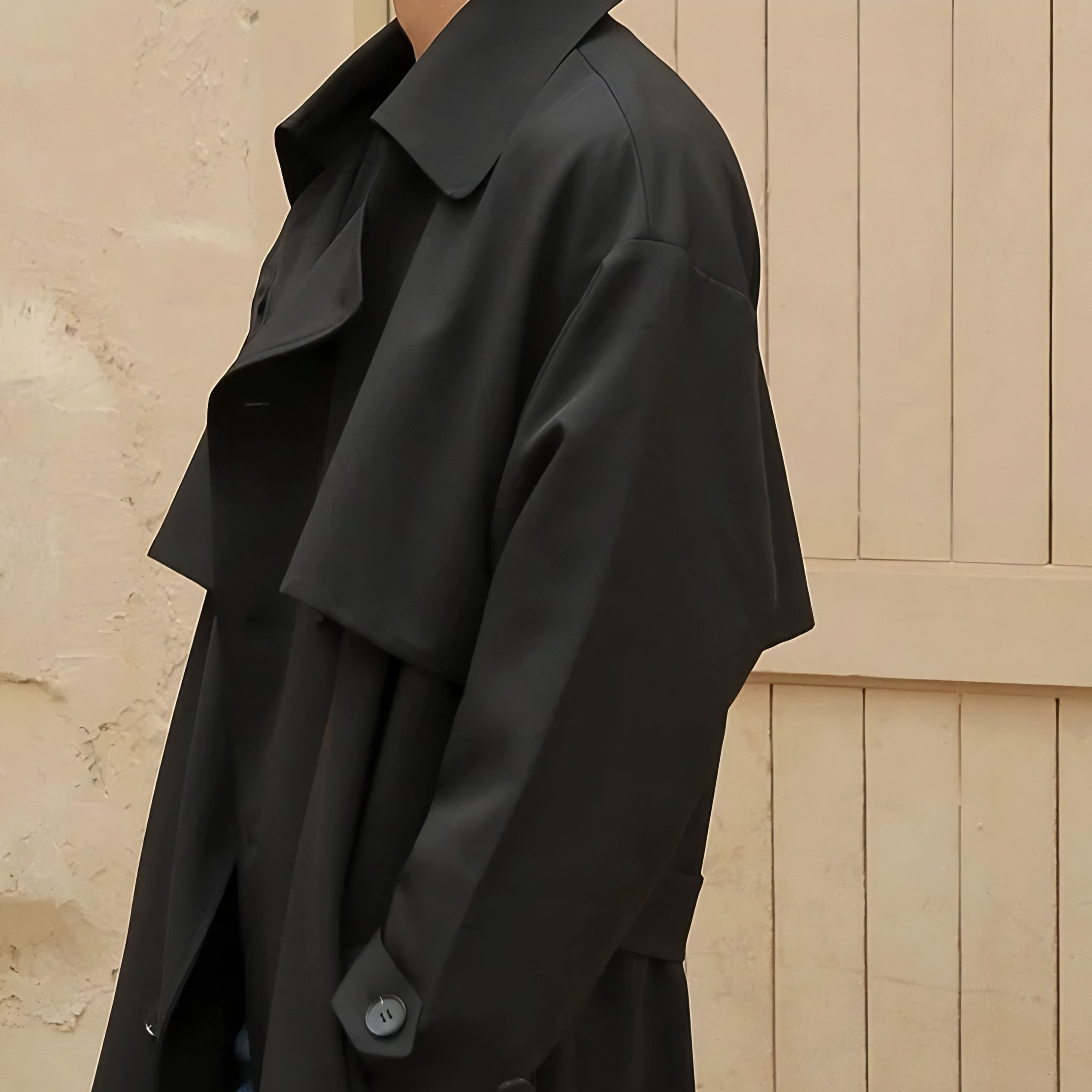 Man wearing black windproof business style trench coat city essential look