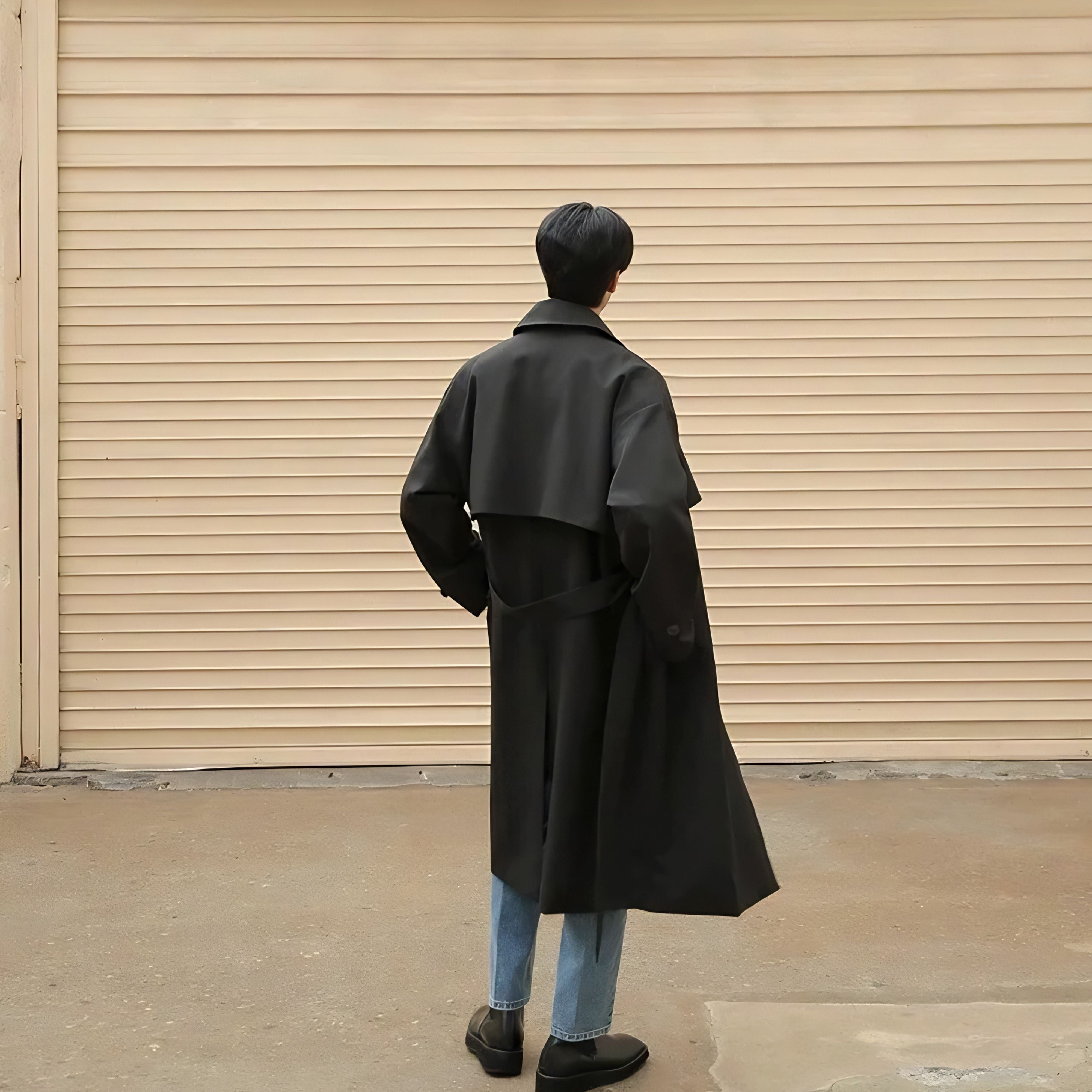 Back view of men's extended length winter trench coat with waist belt accessory