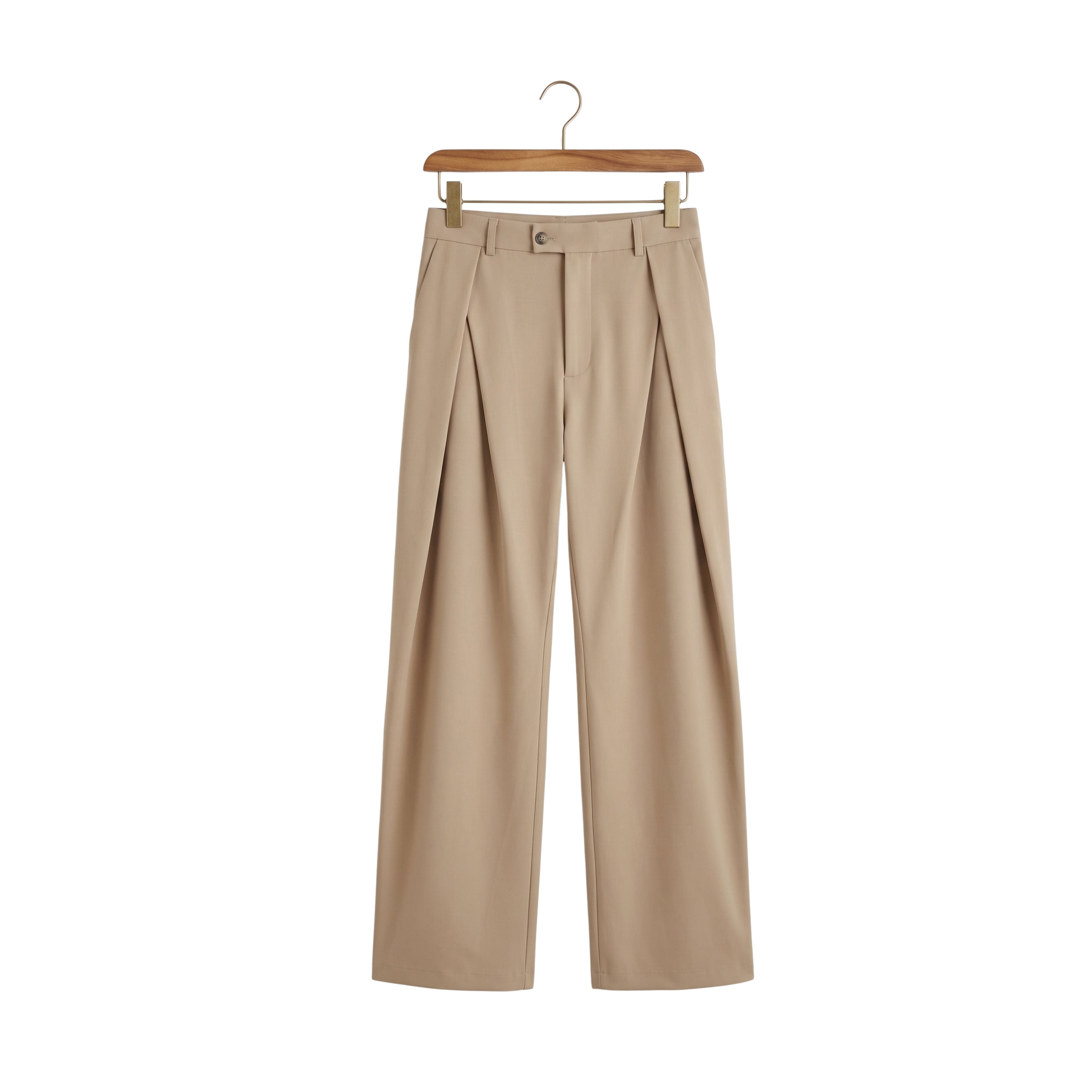 Front view of men's Italian style high waisted suit pants in Savona Khaki on a wooden hanger
