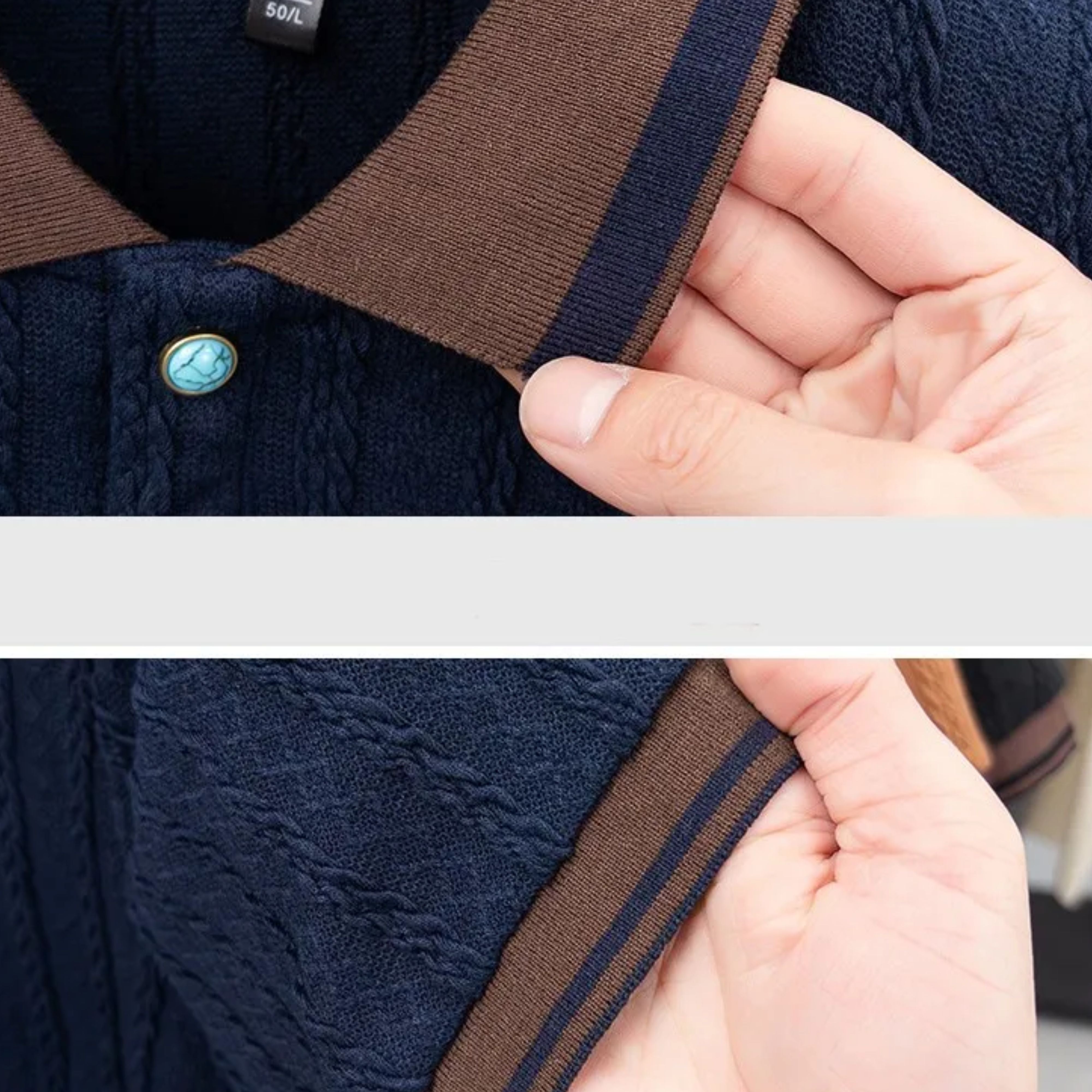 Double showcase close-up of the vintage contrast collar construction and clean ribbed trim lines on the navy polo