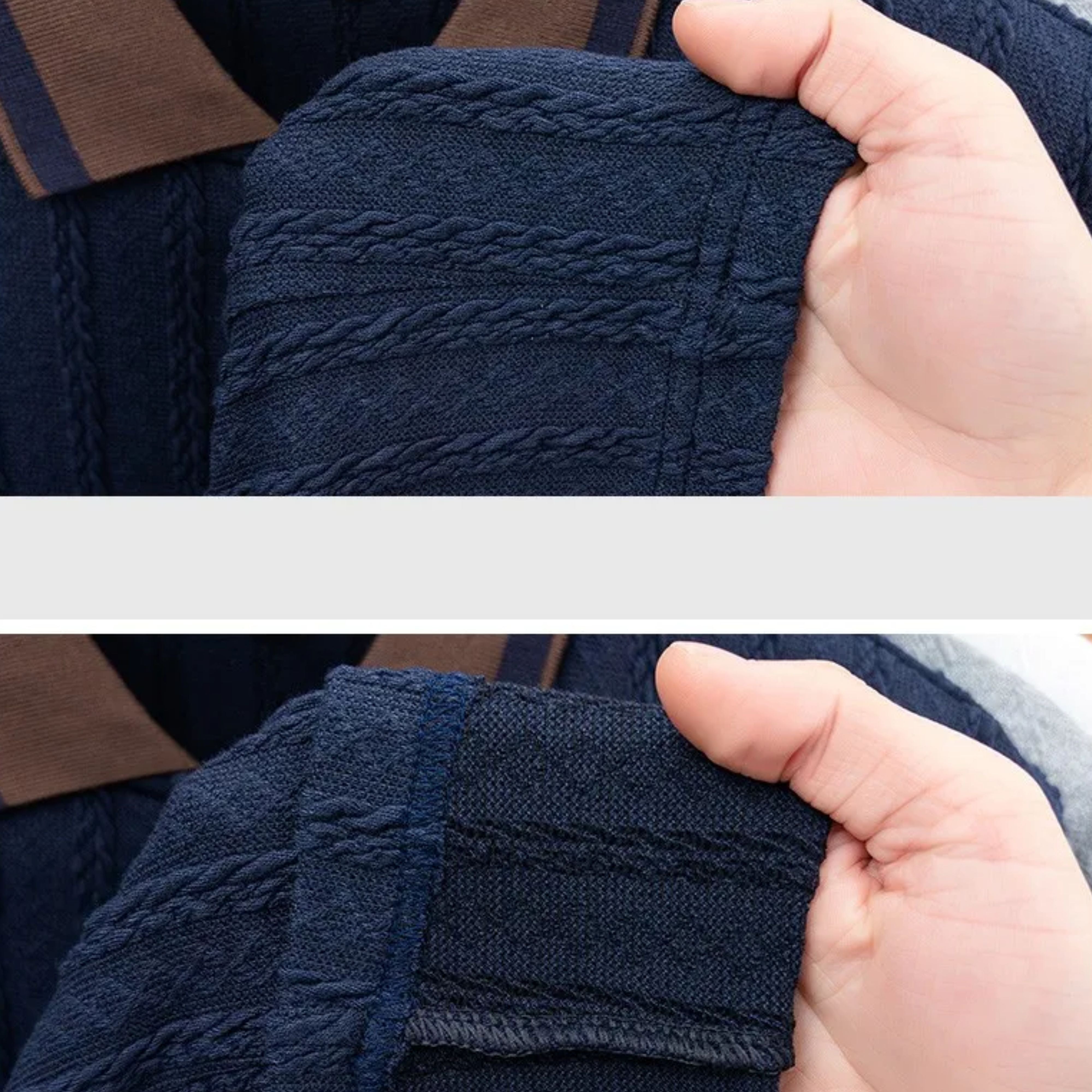 Detailed close-up view of the reinforced bottom ribbed hem construction and stretch stability of the knit wear