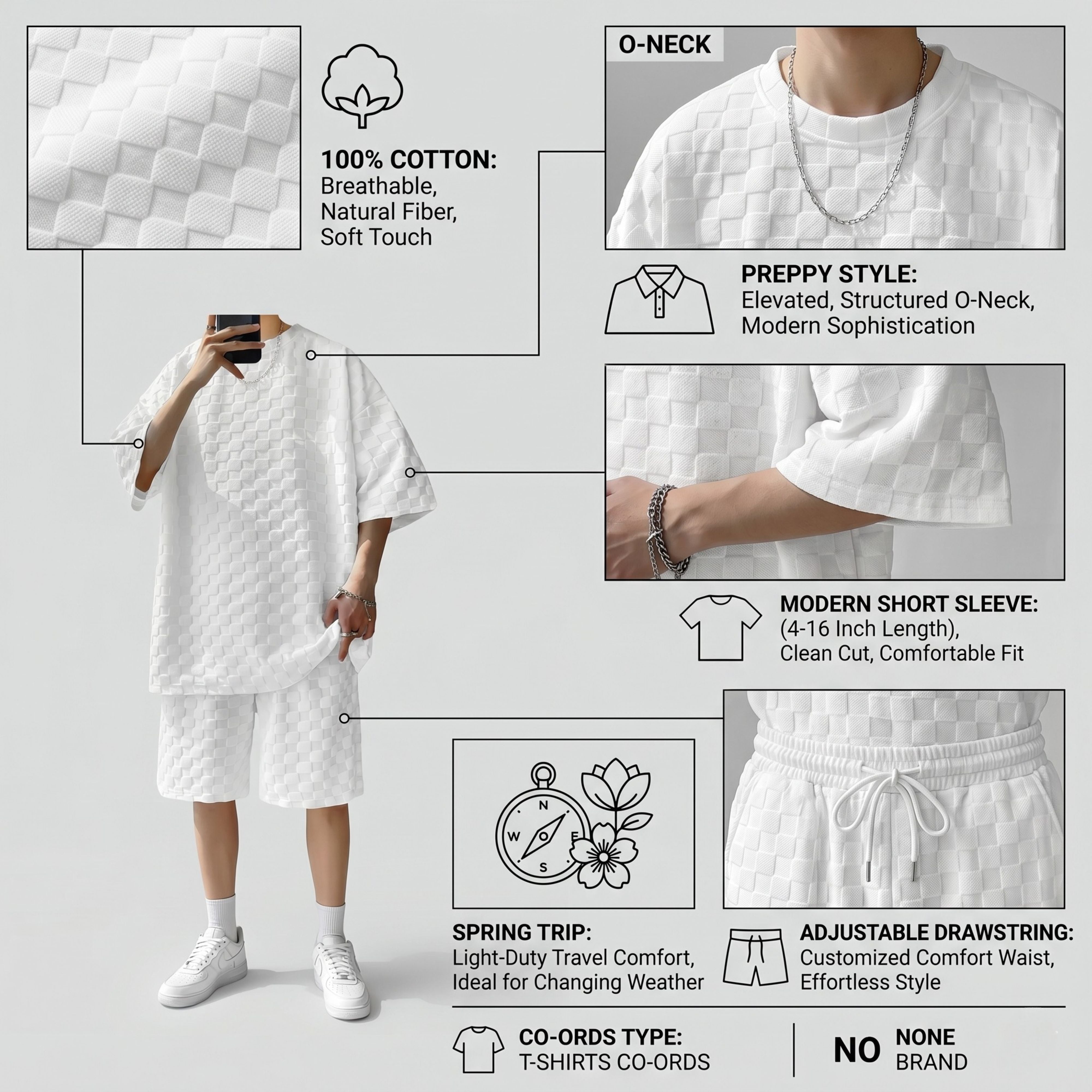 A product detail blueprint infographic highlighting the 100% cotton weave, ribbed O-neck collar, clean sleeve cuff stitching, and adjustable drawstring waist