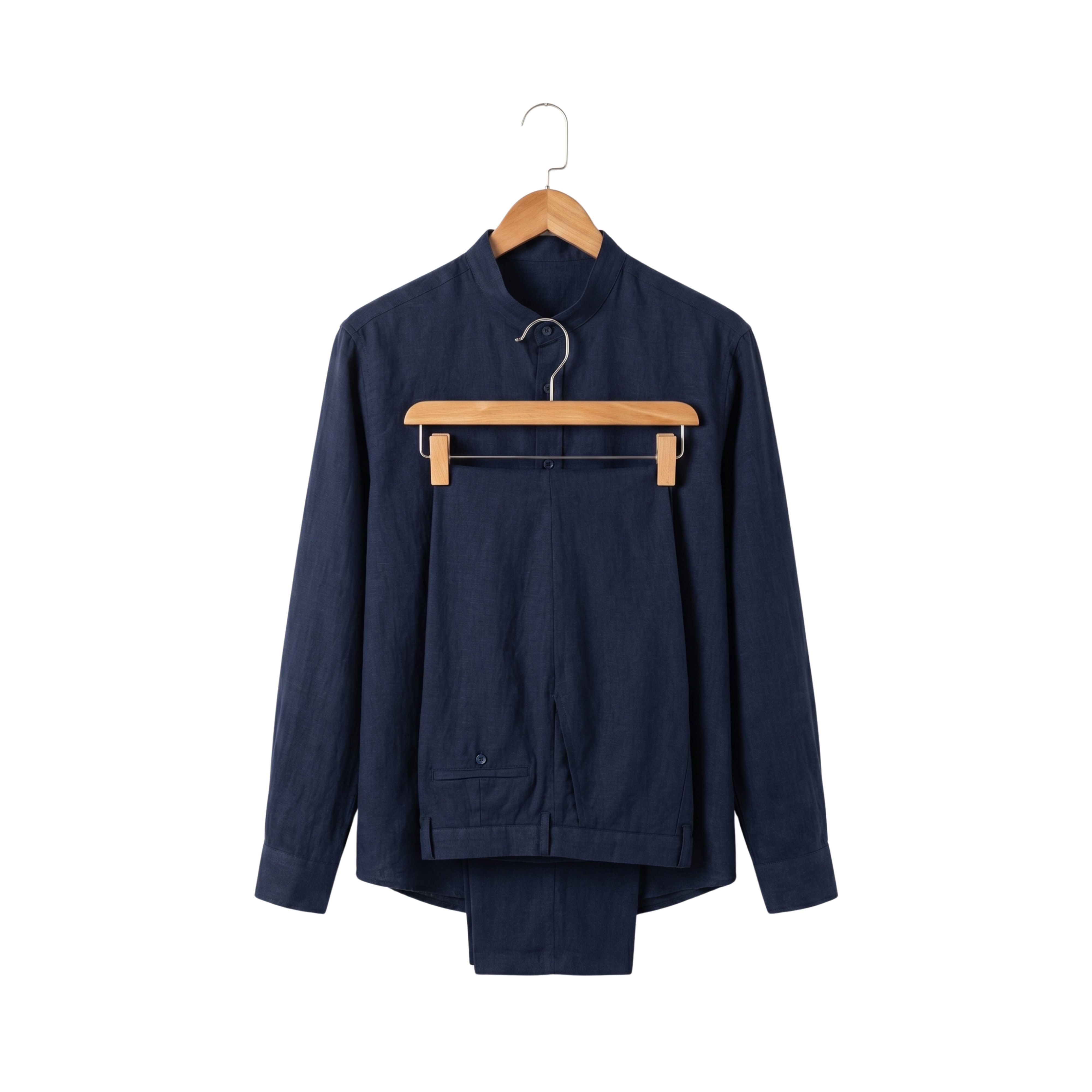Men's resort style two-piece matching outfit in dark navy blue solid cotton fabric with a casual single-breasted shirt and matching long pants