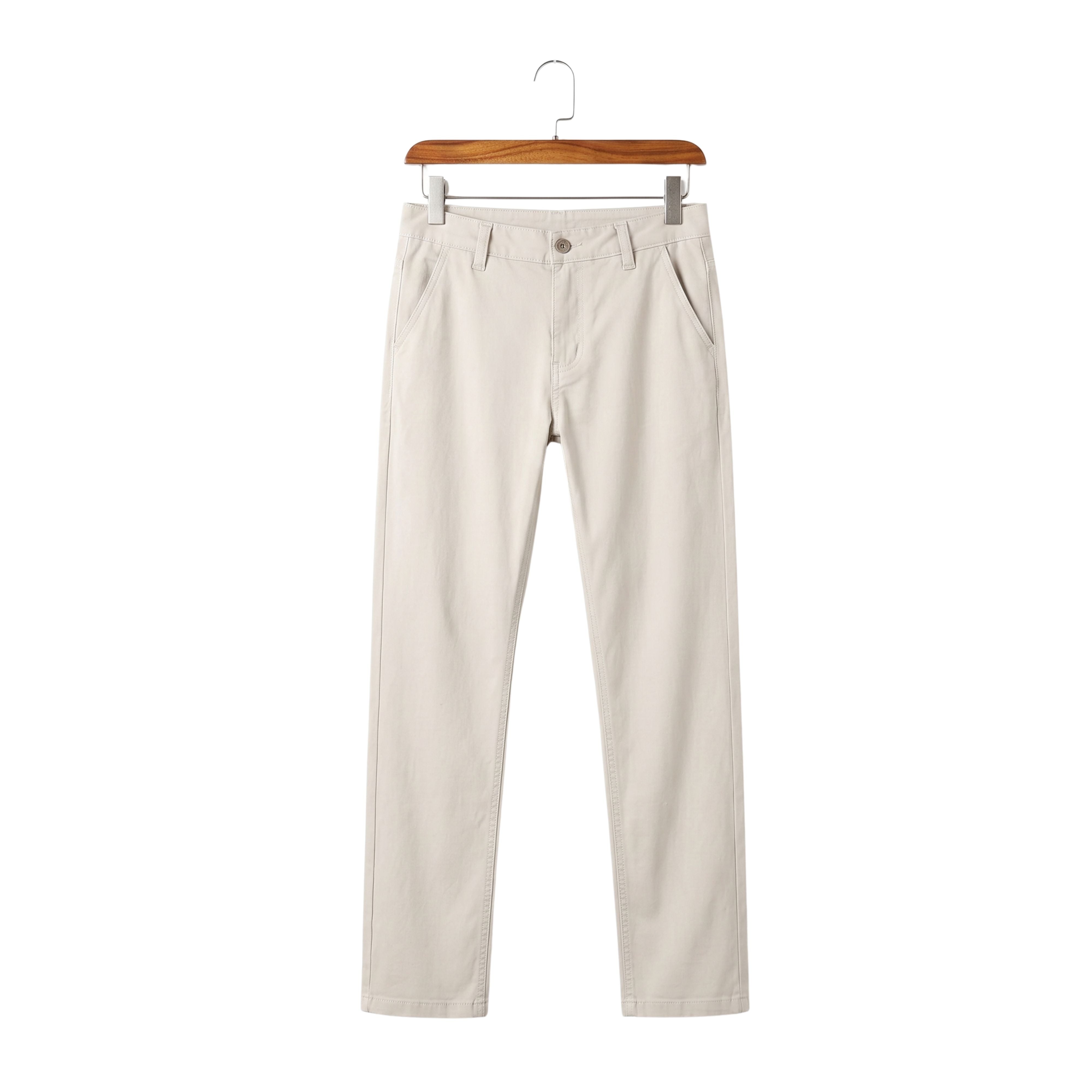 Close-up shot of folded off-white stretch denim pants being held, showcasing the back pocket design, neat tatting weave, and premium brown leather waist patch