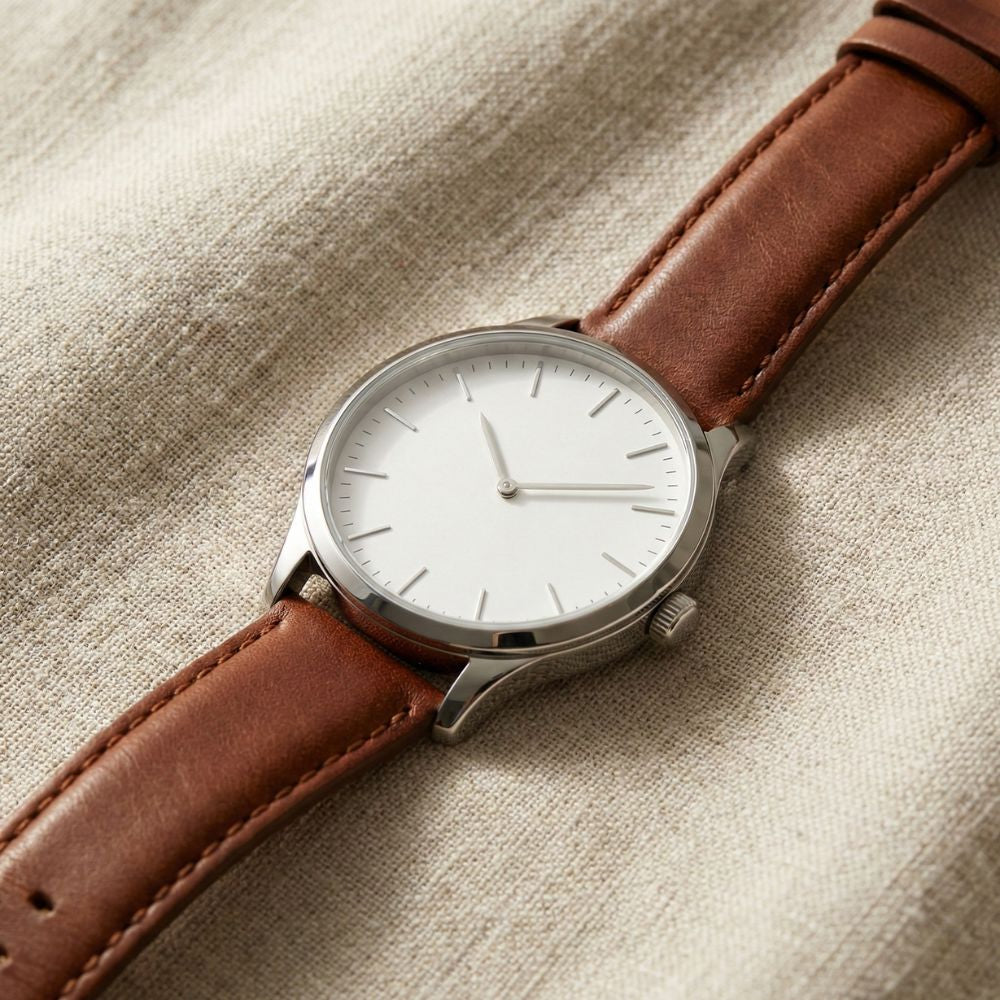 Minimalist men’s watch with brown leather strap and silver case displayed on fabric background.