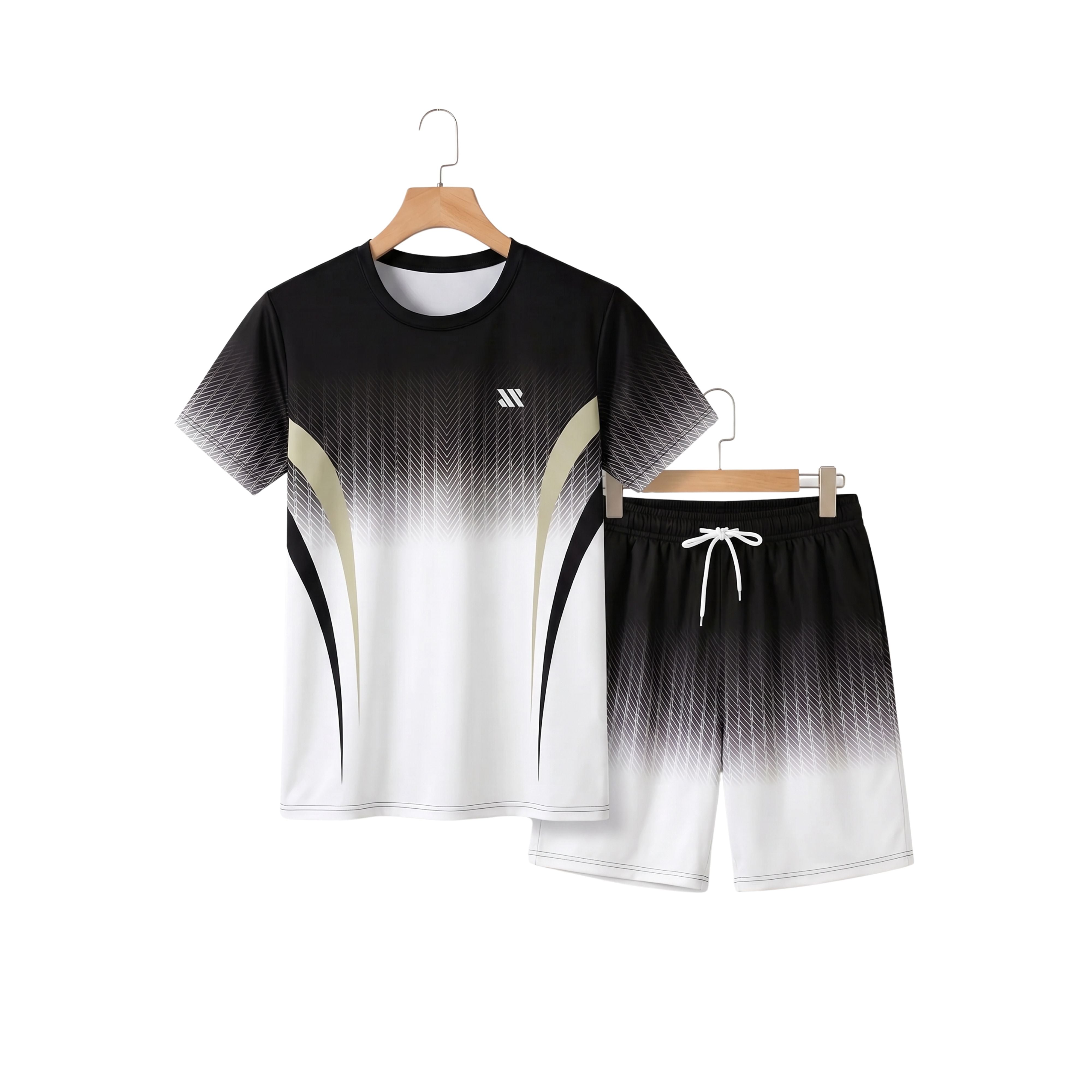 Men's Odyssey Print two-piece summer set featuring a black and white gradient personalized printed T-shirt and matching drawstring shorts on hangers