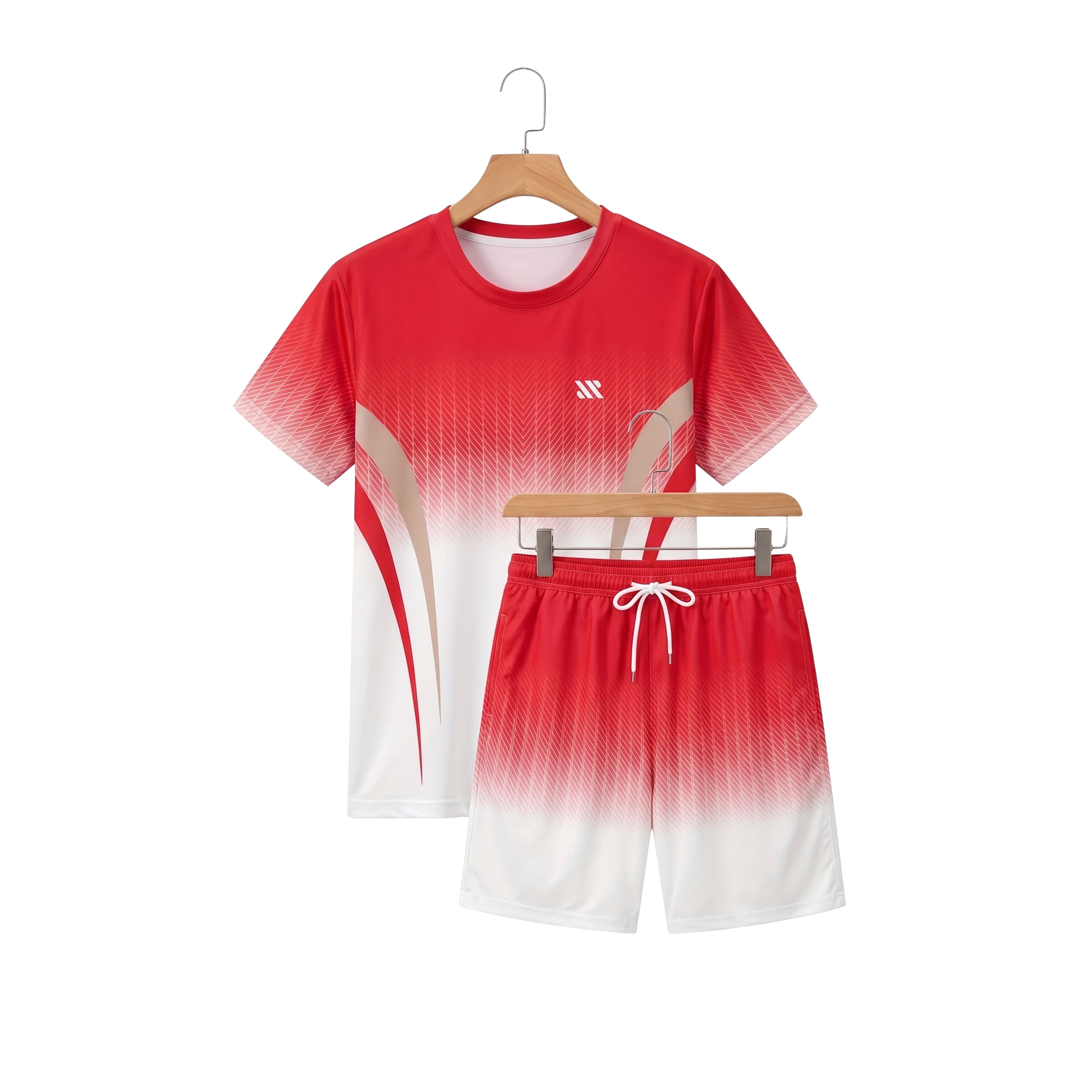 Men's casual outdoor sportswear two-piece set featuring a vibrant red and white gradient color printed round-neck T-shirt and shorts